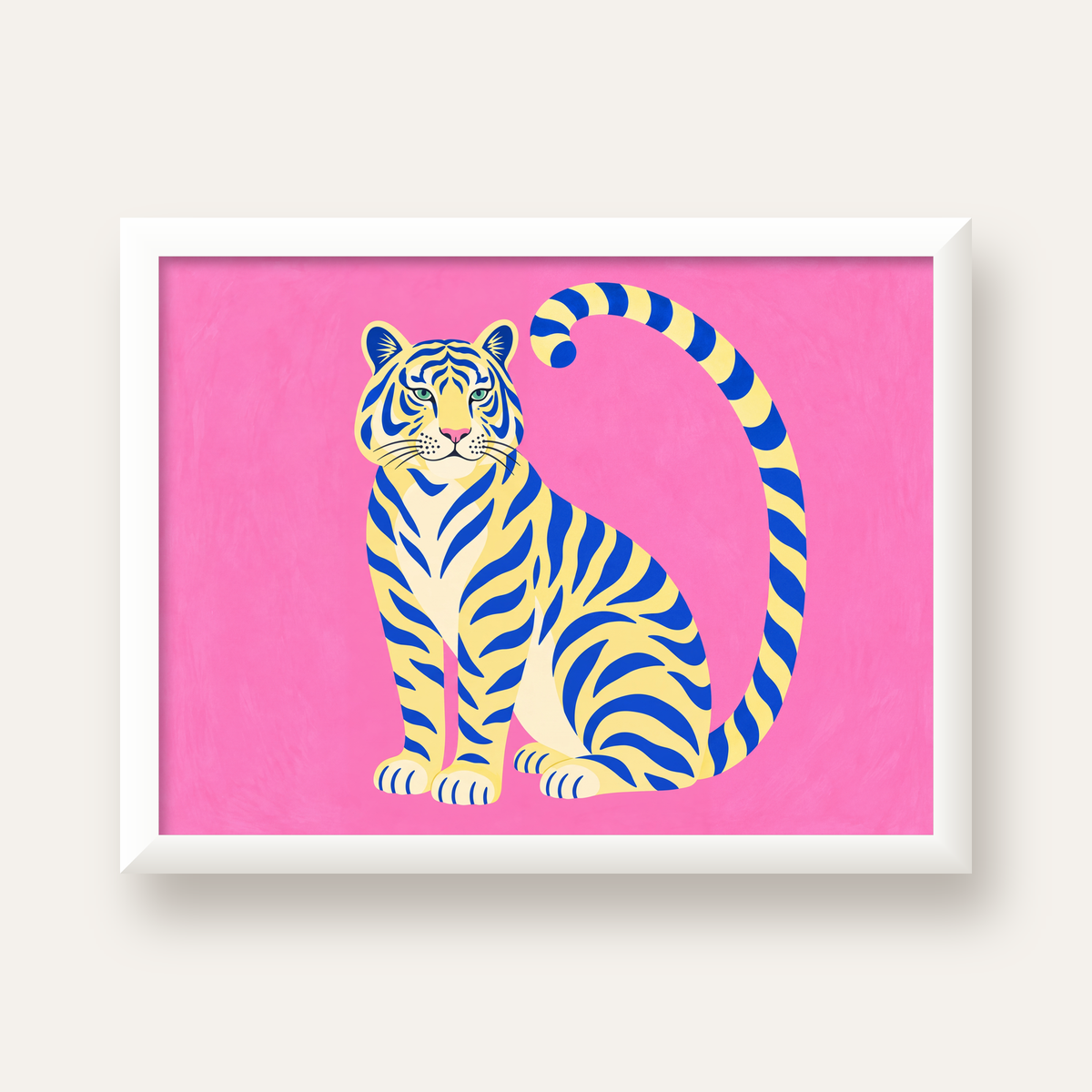 Renkli Tiger İllüstrasyonlu Minimal Poster – Canlı Duvar Sanatı — beyaz çerçeveli yatay poster