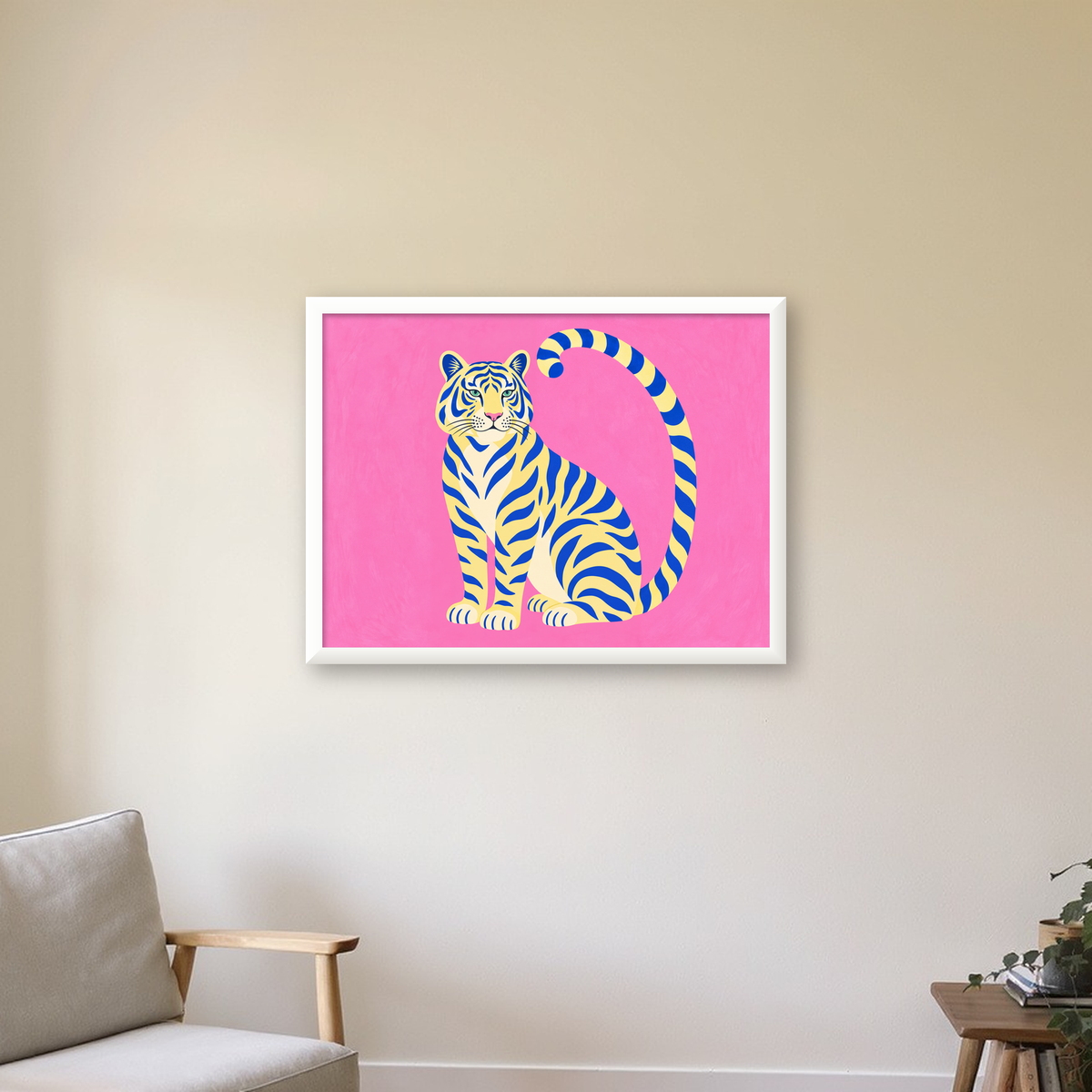 Renkli Tiger İllüstrasyonlu Minimal Poster – Canlı Duvar Sanatı — beyaz çerçeveli yatay poster