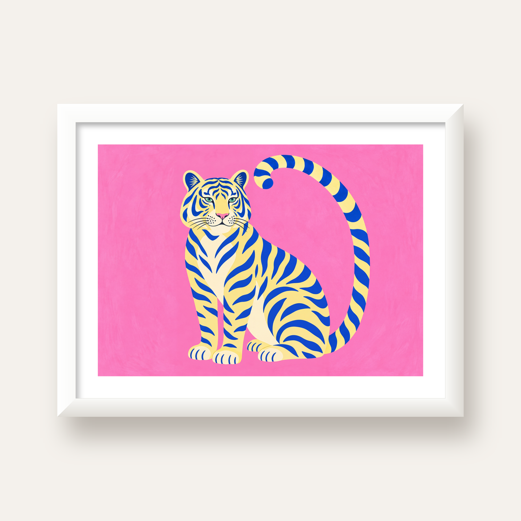 Renkli Tiger İllüstrasyonlu Minimal Poster – Canlı Duvar Sanatı — beyaz çerçeveli yatay poster