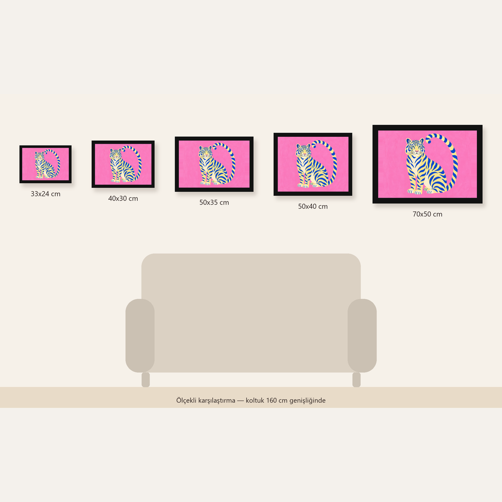 Renkli Tiger İllüstrasyonlu Minimal Poster – Canlı Duvar Sanatı — Yatay ölçülerinin karşılaştırması