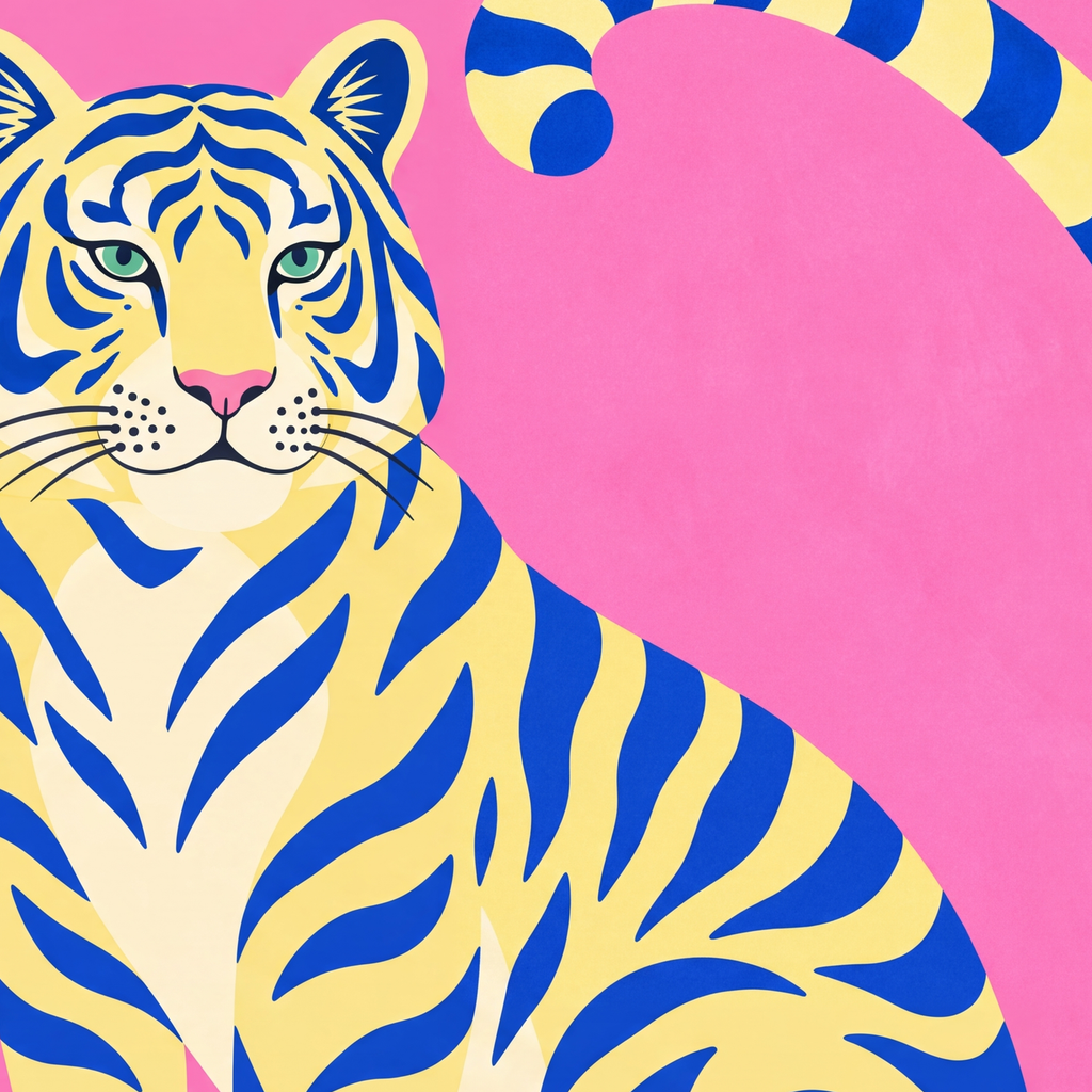 Renkli Tiger İllüstrasyonlu Minimal Poster – Canlı Duvar Sanatı — baskının yakın çekimi, kâğıt dokusu ve renk detayı