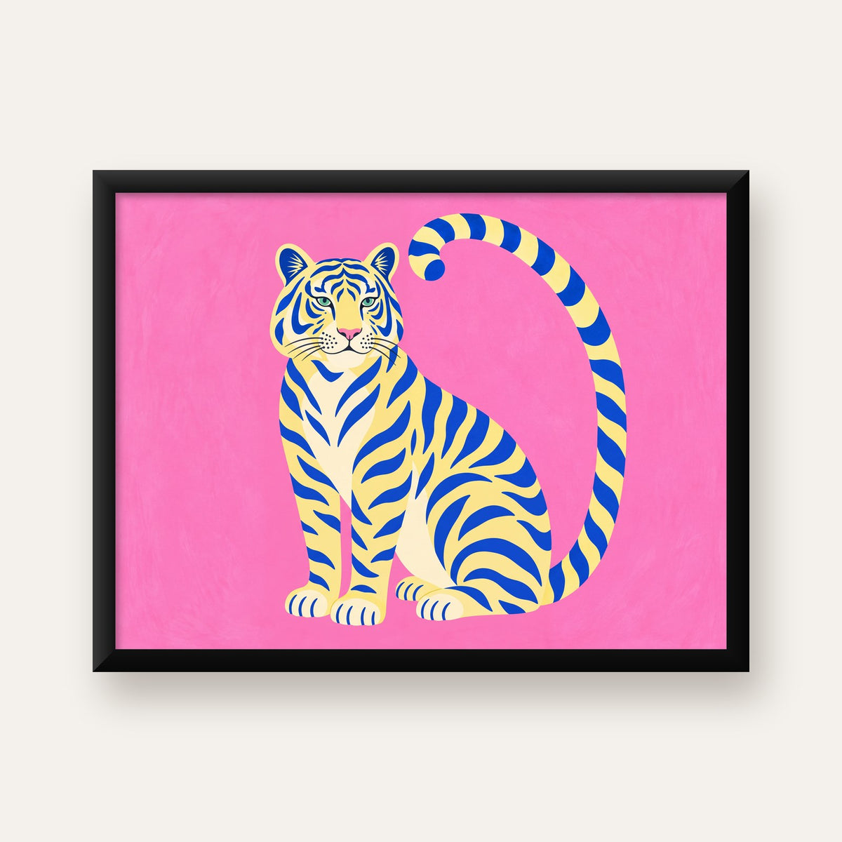 Renkli Tiger İllüstrasyonlu Minimal Poster – Canlı Duvar Sanatı — Yatay baskı, düz siyah çerçeveli duvar posteri