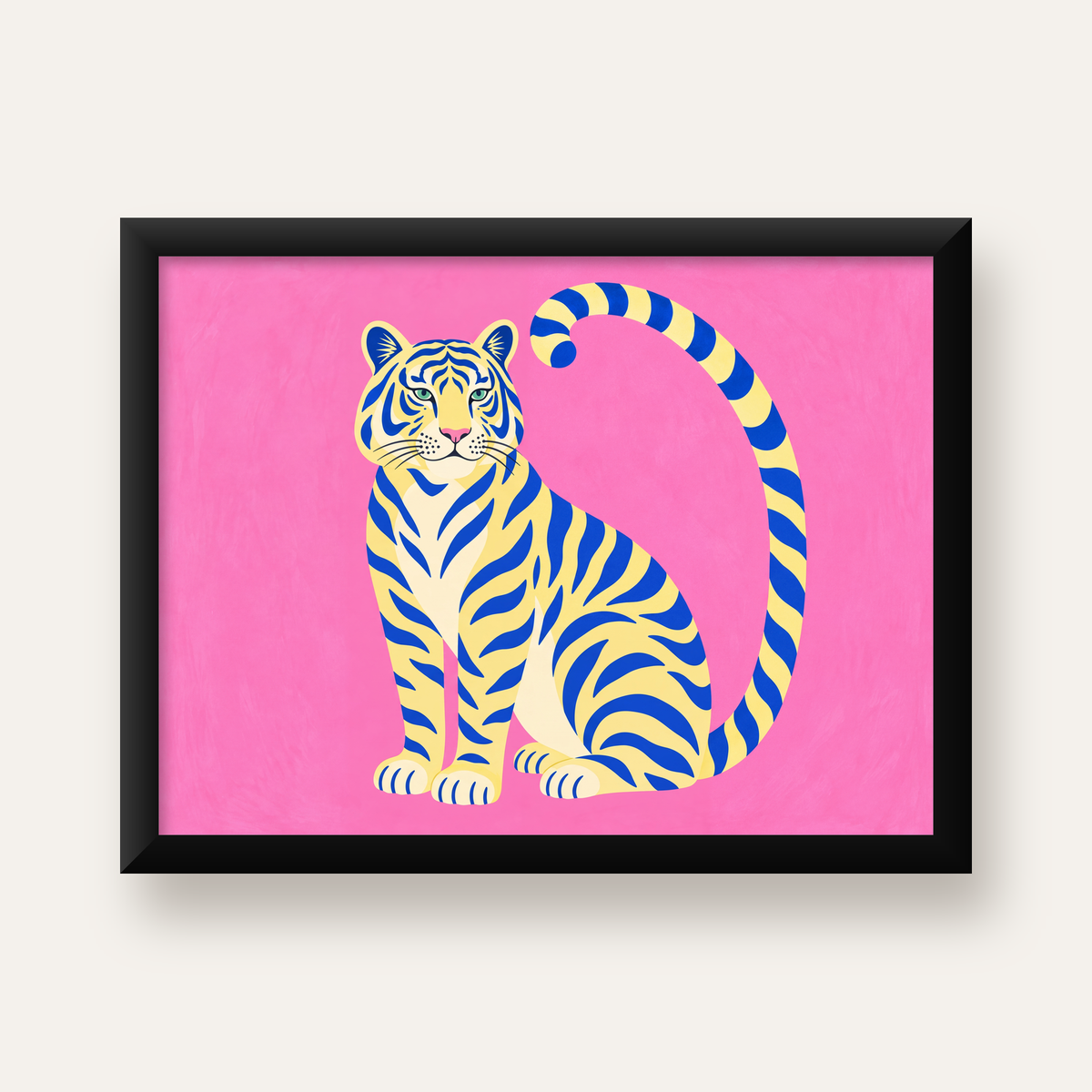 Renkli Tiger İllüstrasyonlu Minimal Poster – Canlı Duvar Sanatı — Yatay baskı, düz siyah çerçeveli duvar posteri
