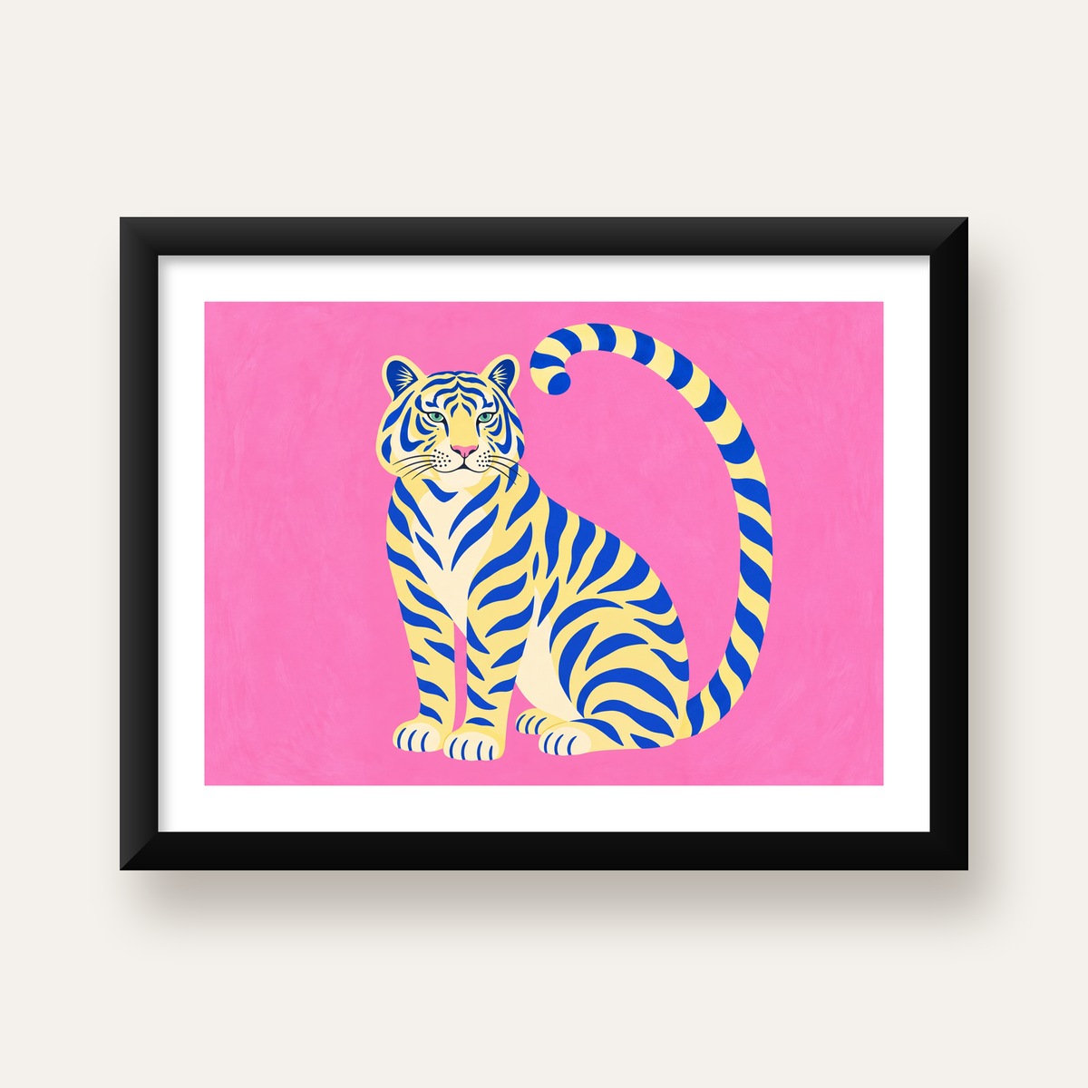 Renkli Tiger İllüstrasyonlu Minimal Poster – Canlı Duvar Sanatı — Yatay baskı, beyaz paspartulu