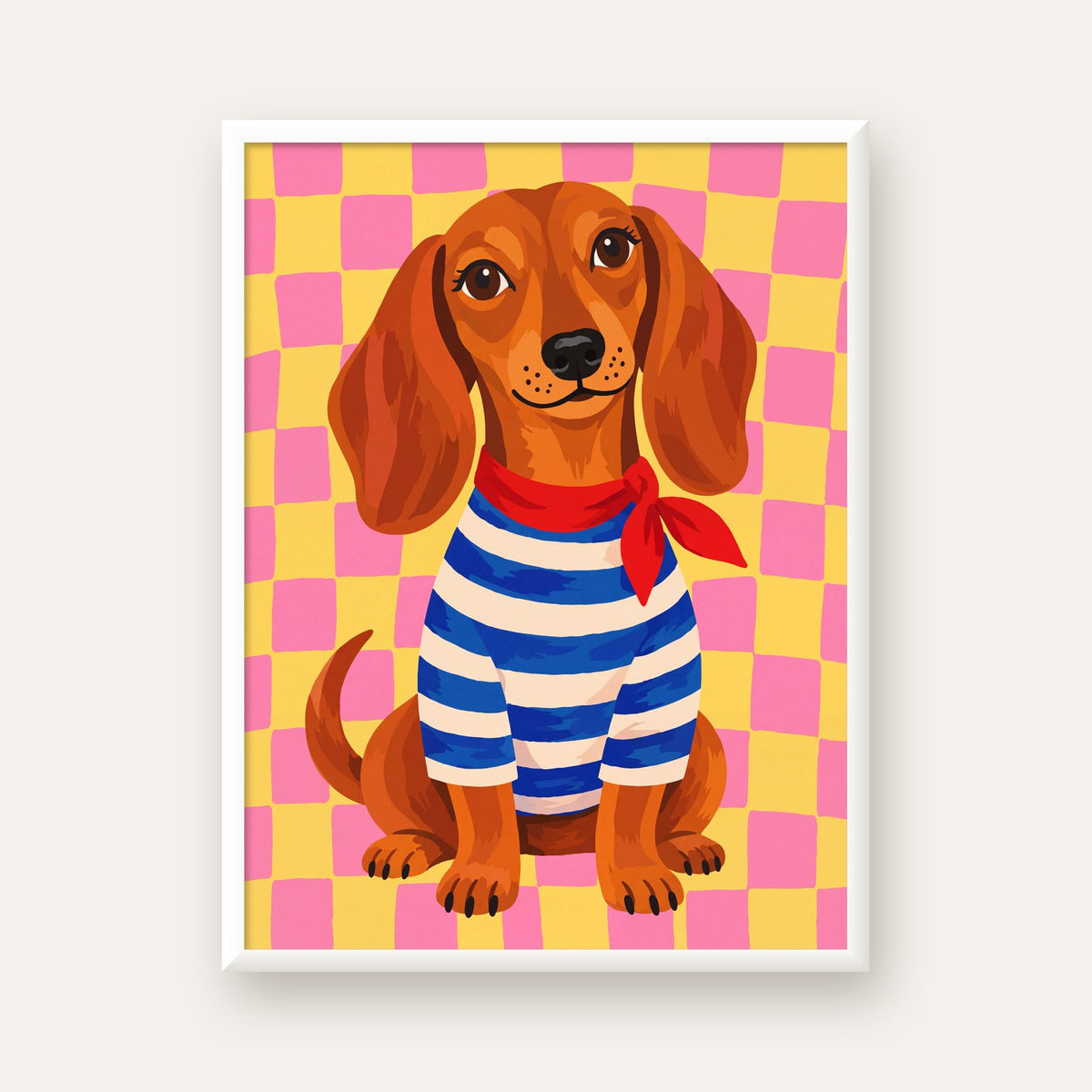 Çizgili Kazaklı Neşeli Köpek Poster – Renkli Sanat Baskısı — beyaz çerçeveli dikey poster