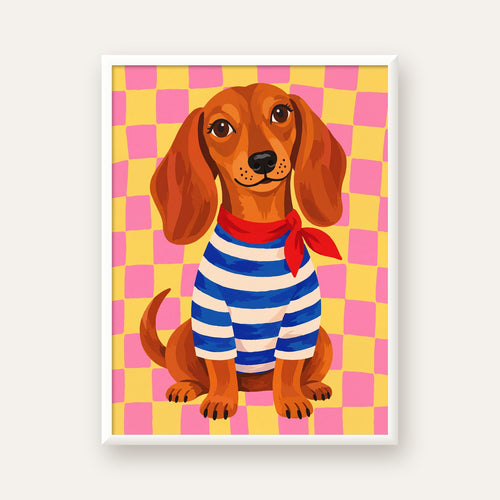 Çizgili Kazaklı Neşeli Köpek Poster – Renkli Sanat Baskısı — beyaz çerçeveli dikey poster