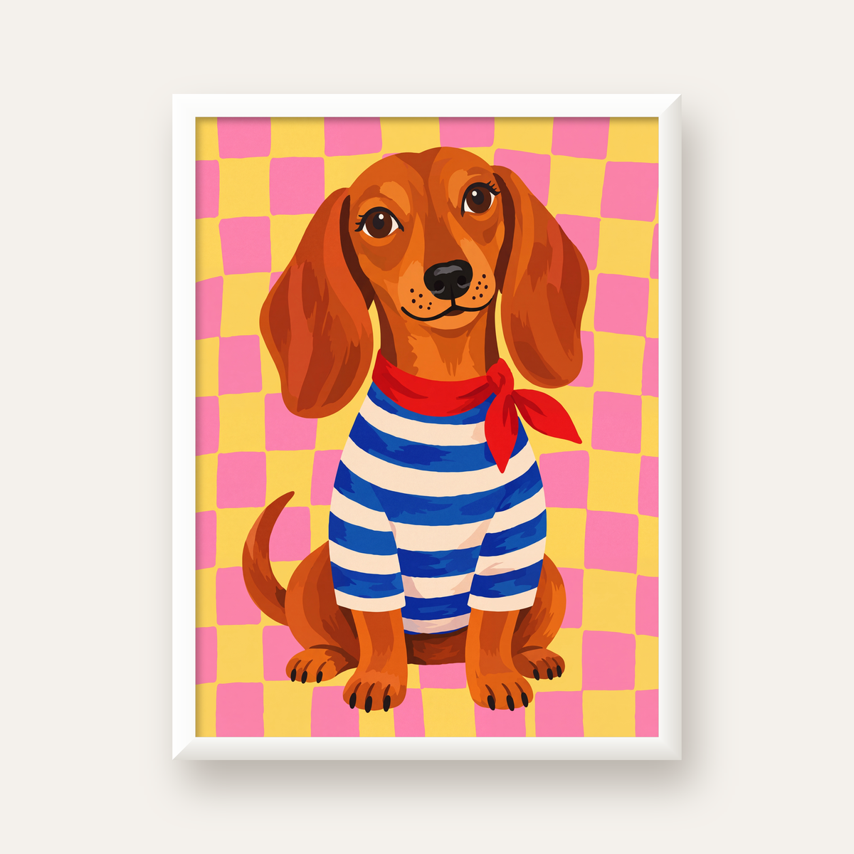 Çizgili Kazaklı Neşeli Köpek Poster – Renkli Sanat Baskısı — beyaz çerçeveli dikey poster