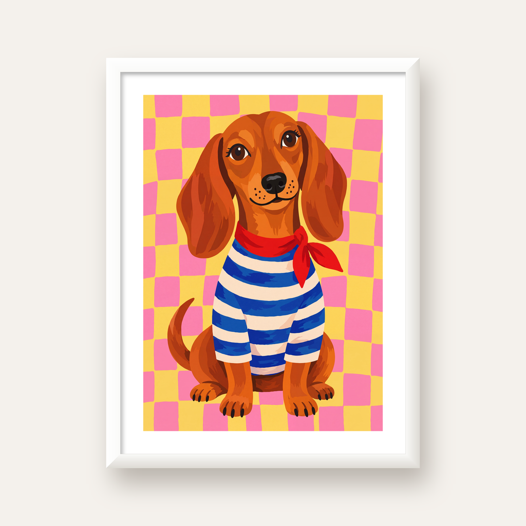 Çizgili Kazaklı Neşeli Köpek Poster – Renkli Sanat Baskısı — beyaz çerçeveli dikey poster