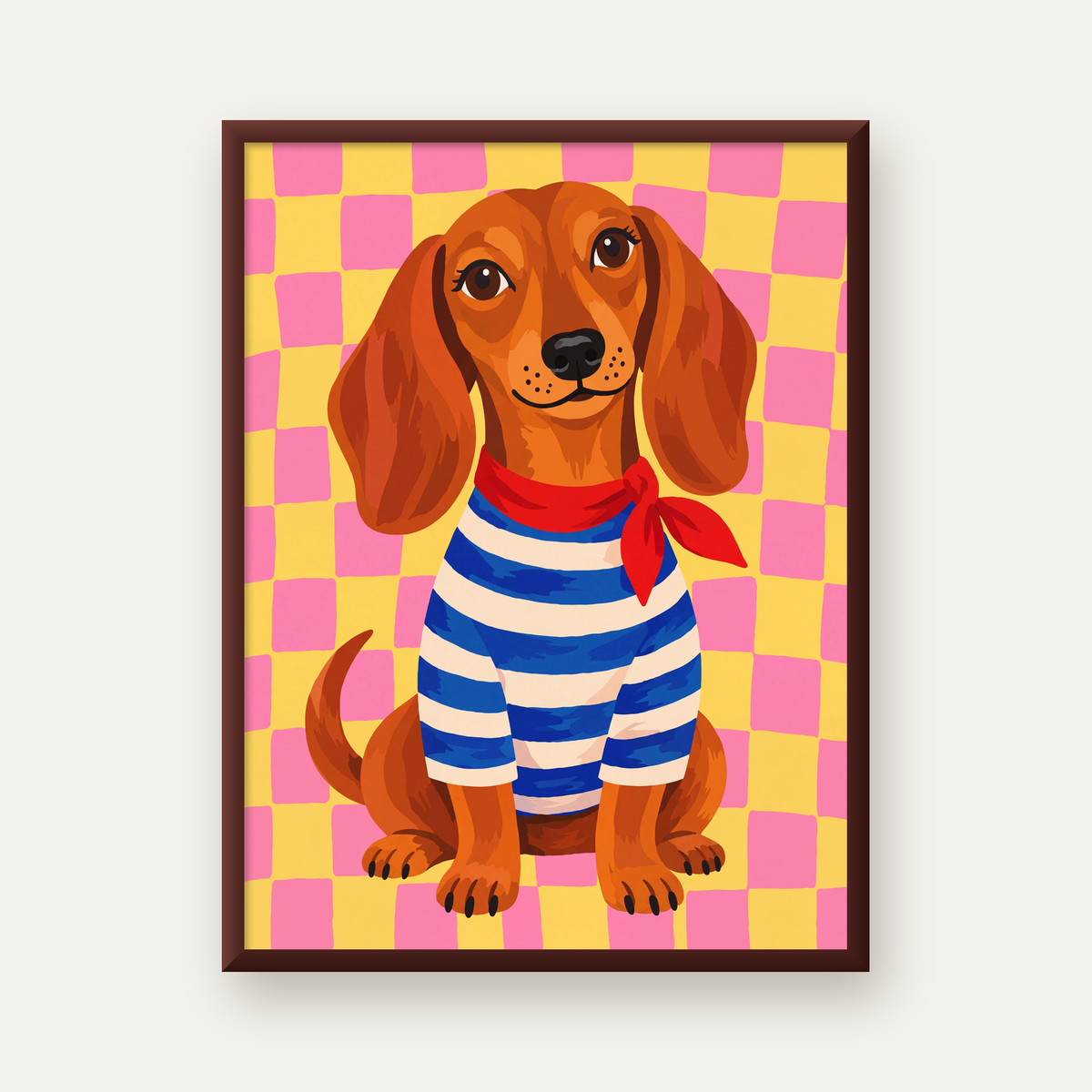 Çizgili Kazaklı Neşeli Köpek Poster – Renkli Sanat Baskısı — ceviz çerçeveli