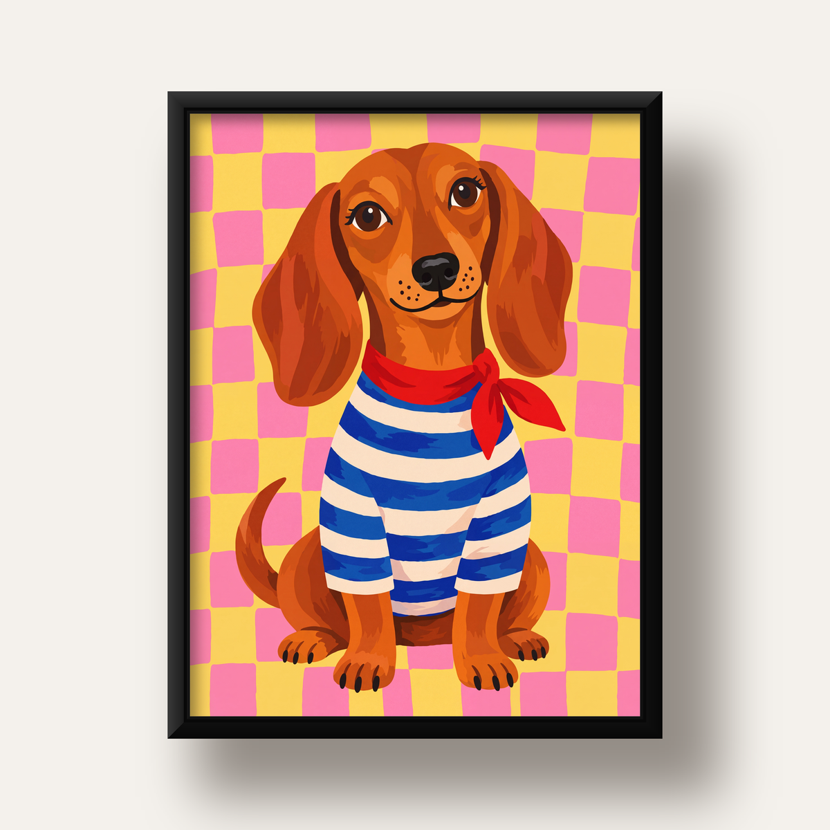 Çizgili Kazaklı Neşeli Köpek Poster – Renkli Sanat Baskısı — siyah derin çerçeveli