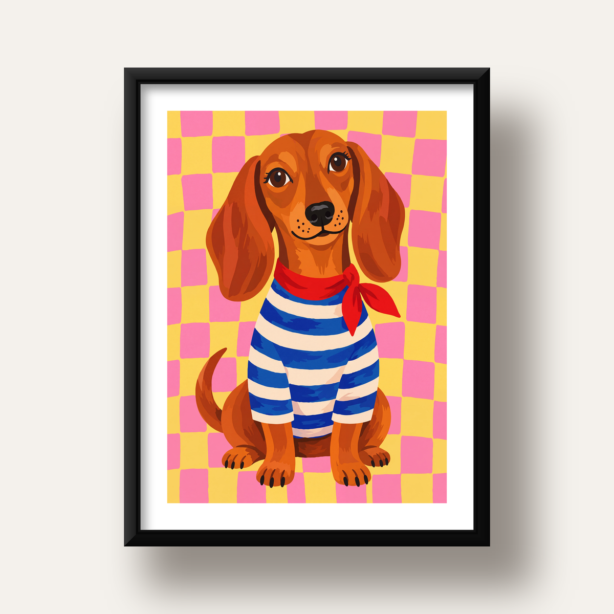 Çizgili Kazaklı Neşeli Köpek Poster – Renkli Sanat Baskısı — siyah derin çerçeveli paspartulu