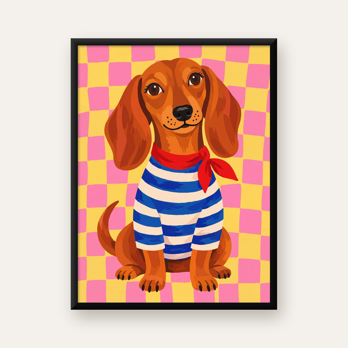 Çizgili Kazaklı Neşeli Köpek Poster – Renkli Sanat Baskısı — Dikey baskı, düz siyah çerçeveli duvar posteri