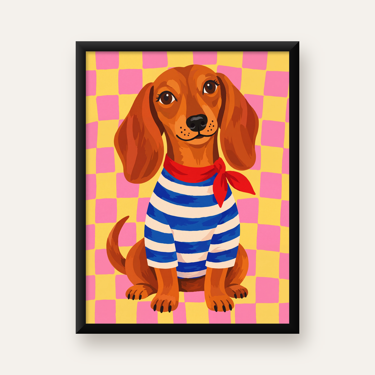 Çizgili Kazaklı Neşeli Köpek Poster – Renkli Sanat Baskısı — Dikey baskı, düz siyah çerçeveli duvar posteri