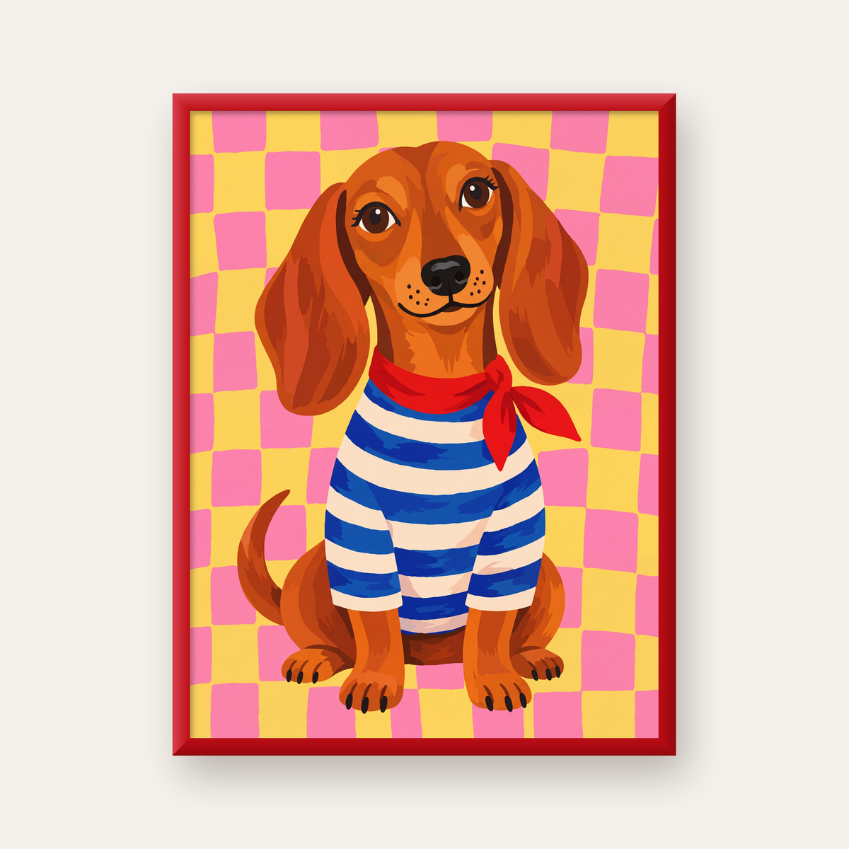 Çizgili Kazaklı Neşeli Köpek Poster – Renkli Sanat Baskısı — kırmızı çerçeveli