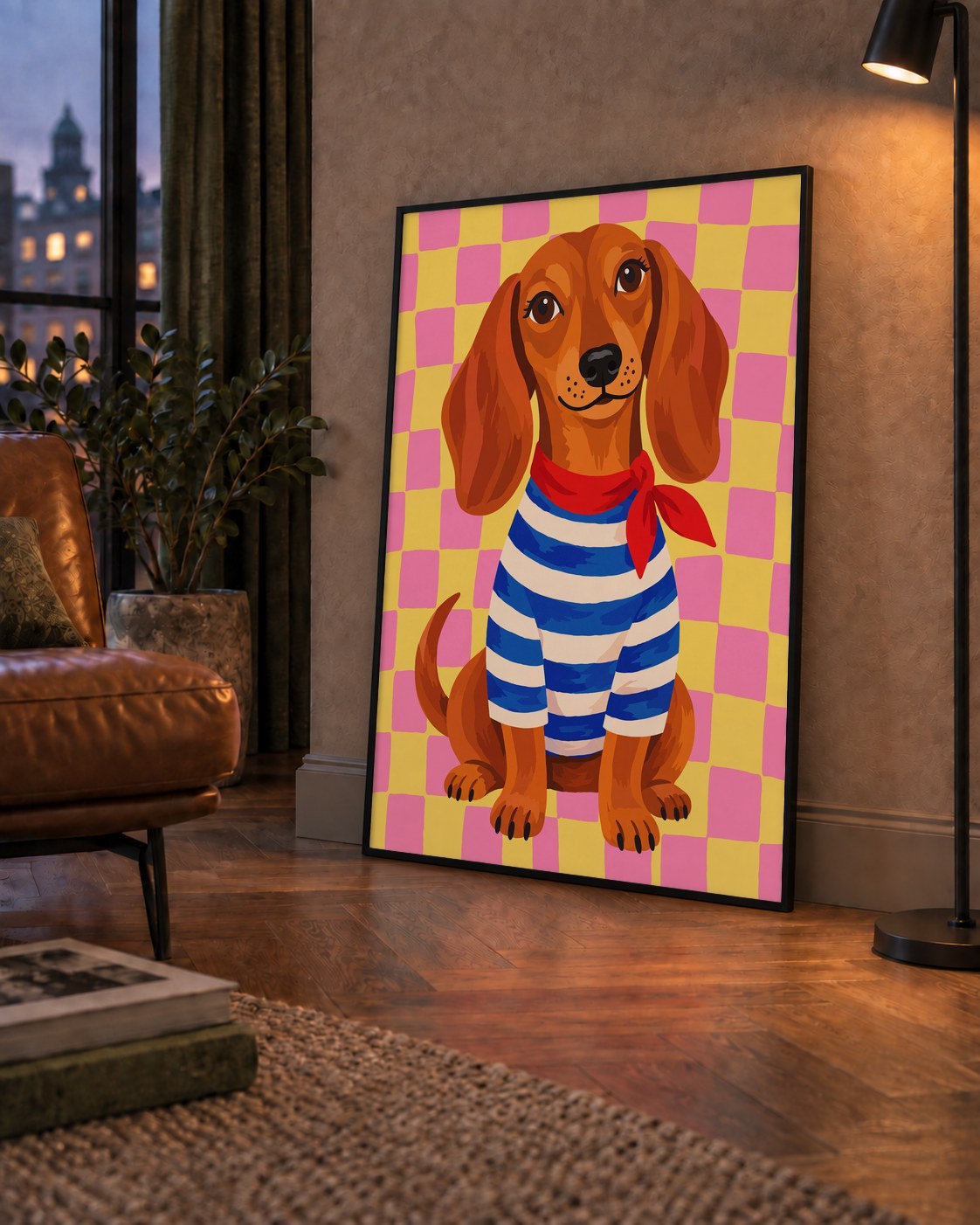 Çizgili Kazaklı Neşeli Köpek Poster – Renkli Sanat Baskısı — çerçeveli hâliyle bir ev duvarında