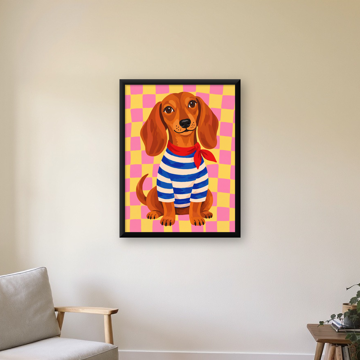 Çizgili Kazaklı Neşeli Köpek Poster – Renkli Sanat Baskısı — Dikey baskı, çerçeveli hâliyle bir ev duvarında