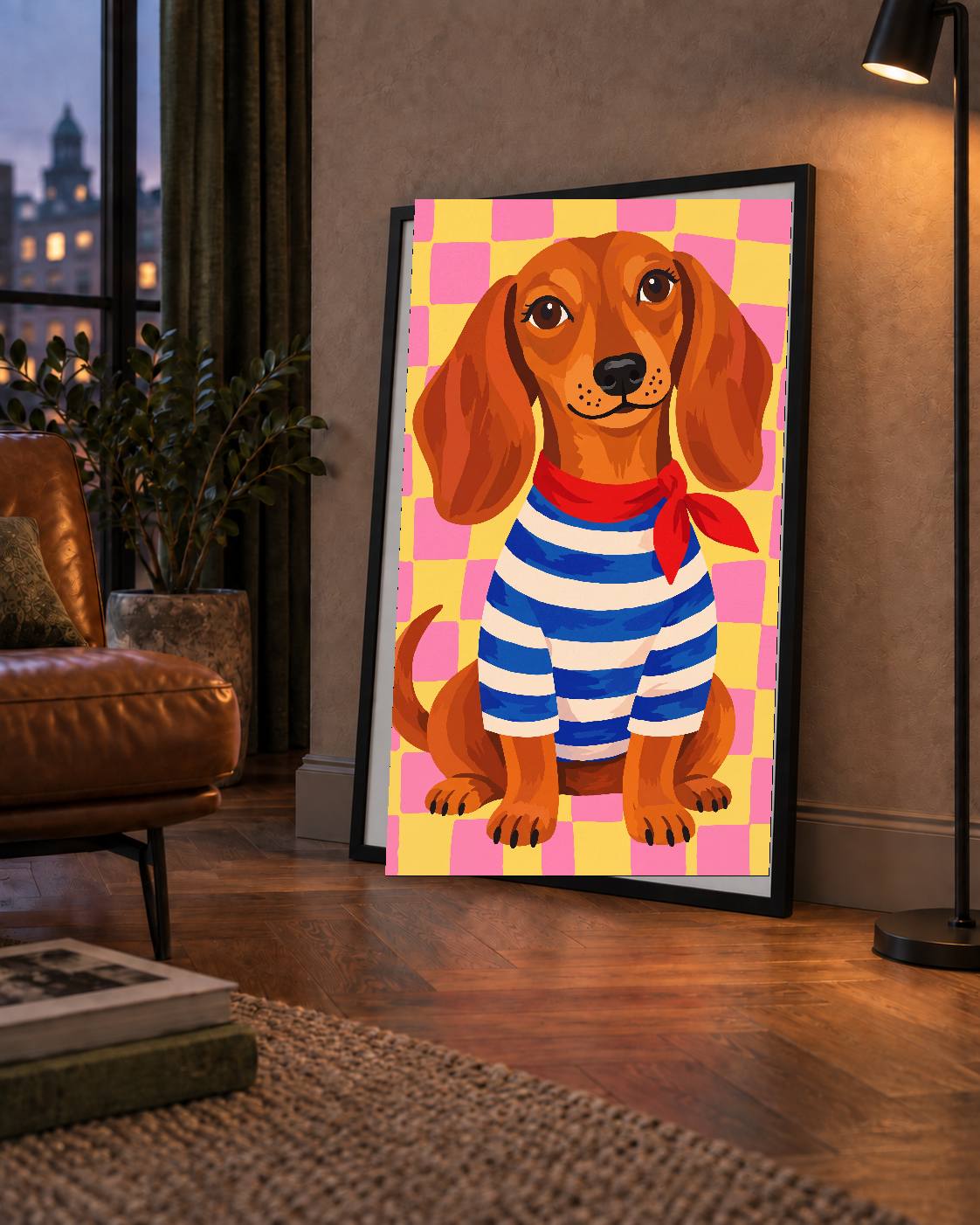 Çizgili Kazaklı Neşeli Köpek Poster – Renkli Sanat Baskısı