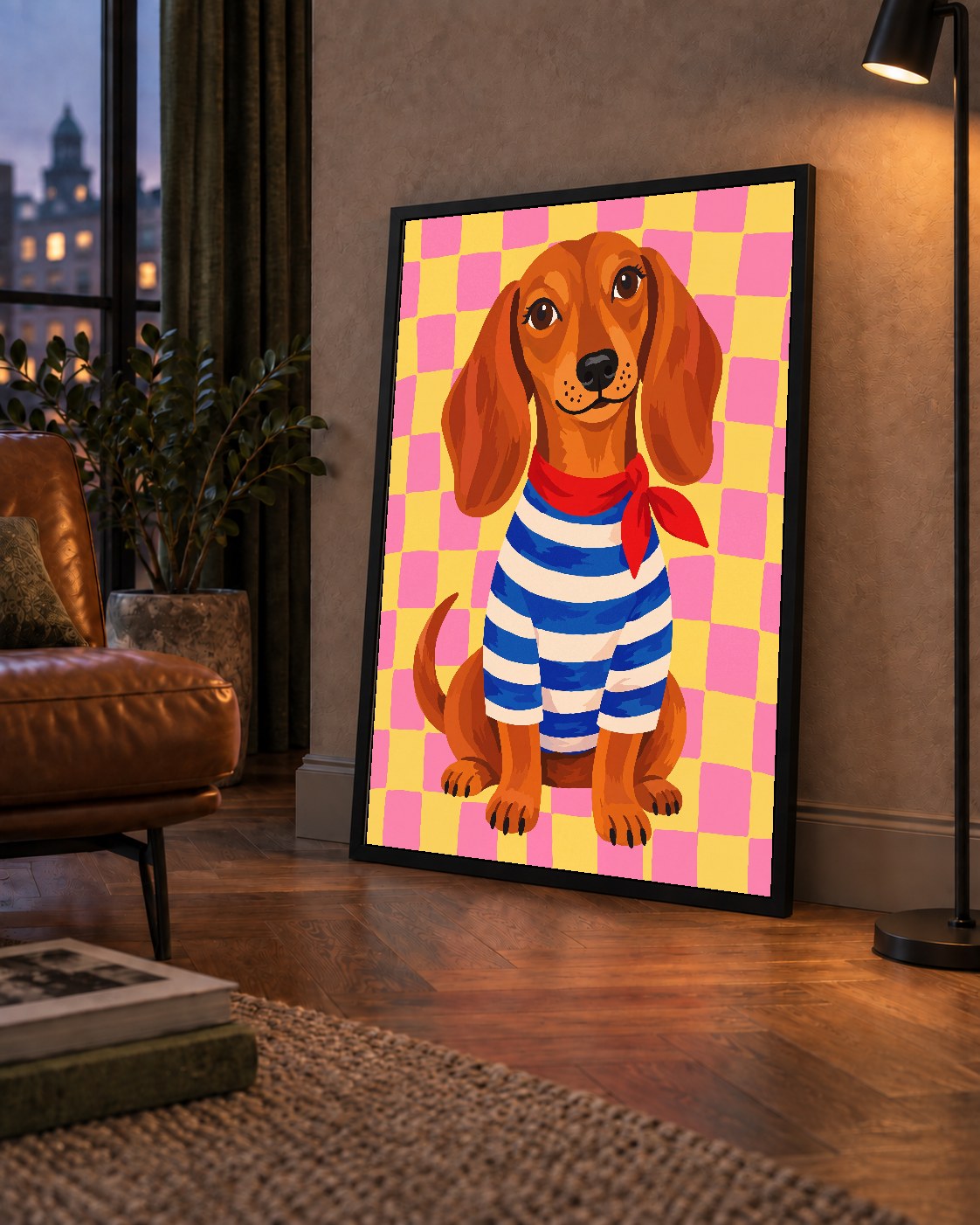 Çizgili Kazaklı Neşeli Köpek Poster – Renkli Sanat Baskısı