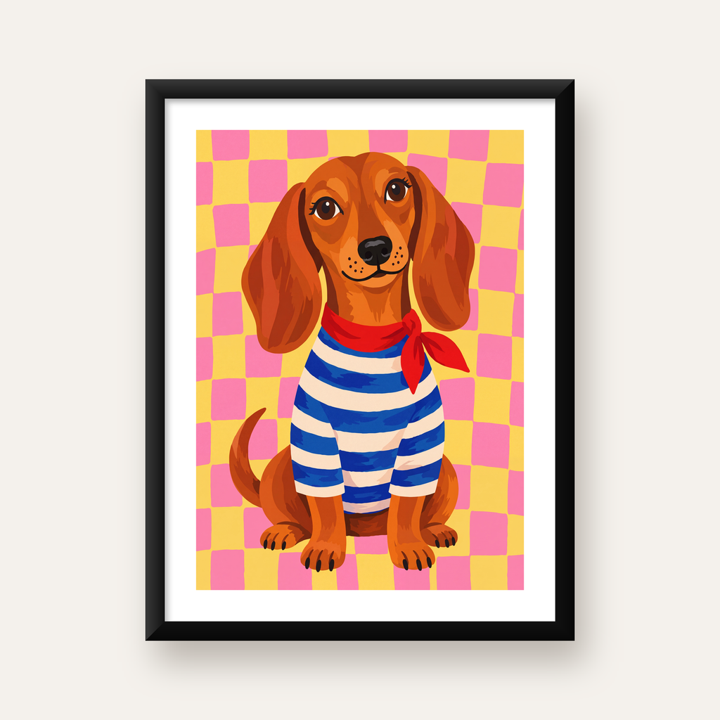 Çizgili Kazaklı Neşeli Köpek Poster – Renkli Sanat Baskısı — Dikey baskı, beyaz paspartulu
