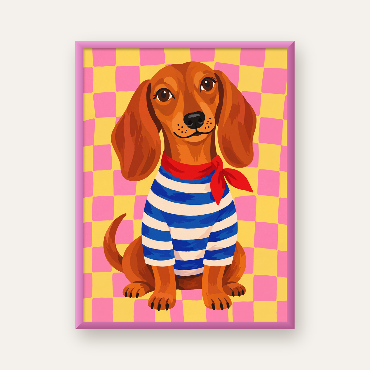 Çizgili Kazaklı Neşeli Köpek Poster – Renkli Sanat Baskısı — pembe çerçeveli