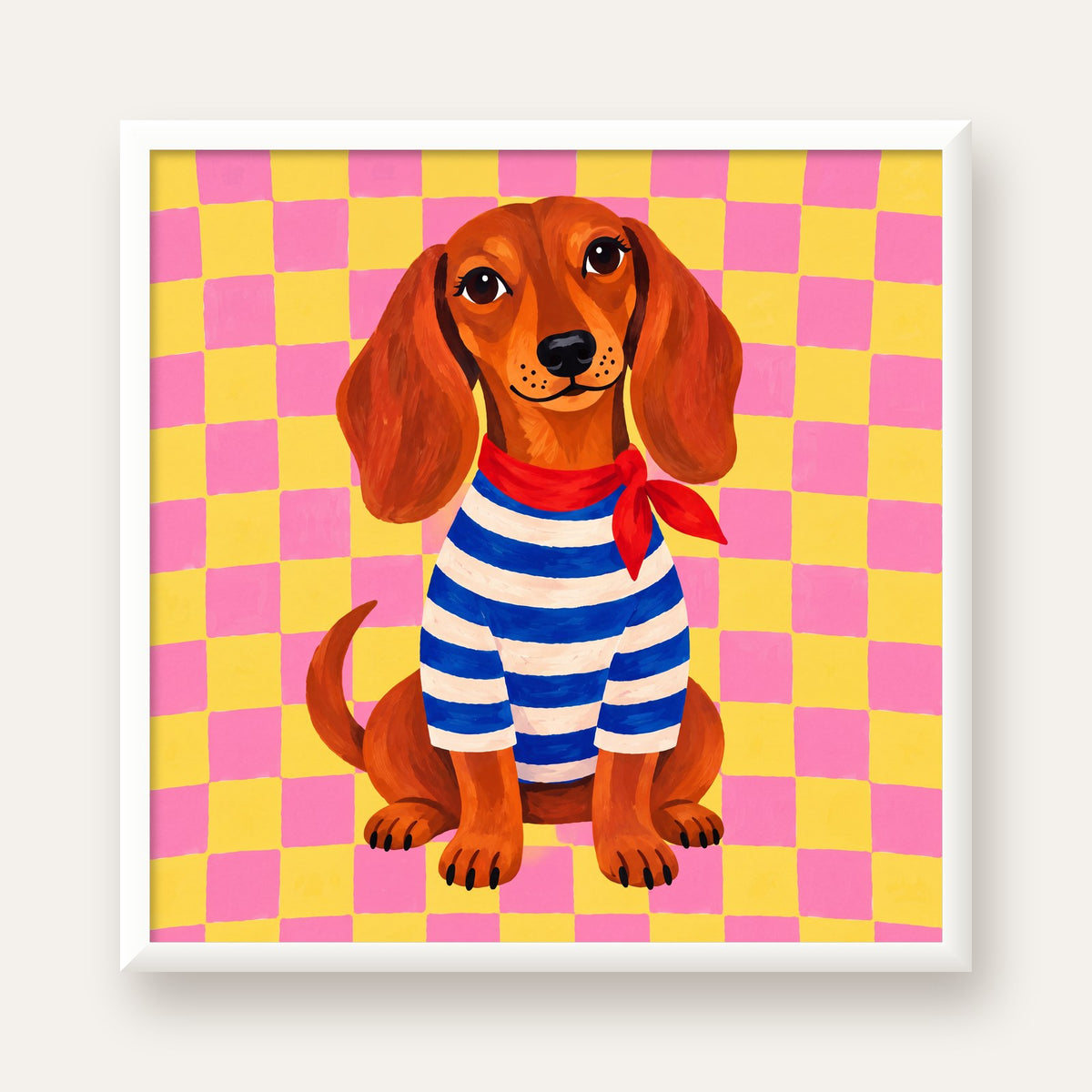 Çizgili Kazaklı Neşeli Köpek Poster – Renkli Sanat Baskısı — beyaz çerçeveli kare poster