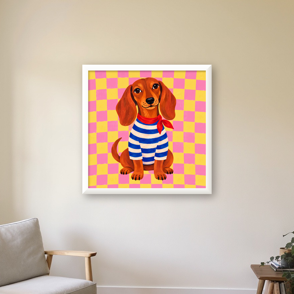 Çizgili Kazaklı Neşeli Köpek Poster – Renkli Sanat Baskısı — beyaz çerçeveli kare poster