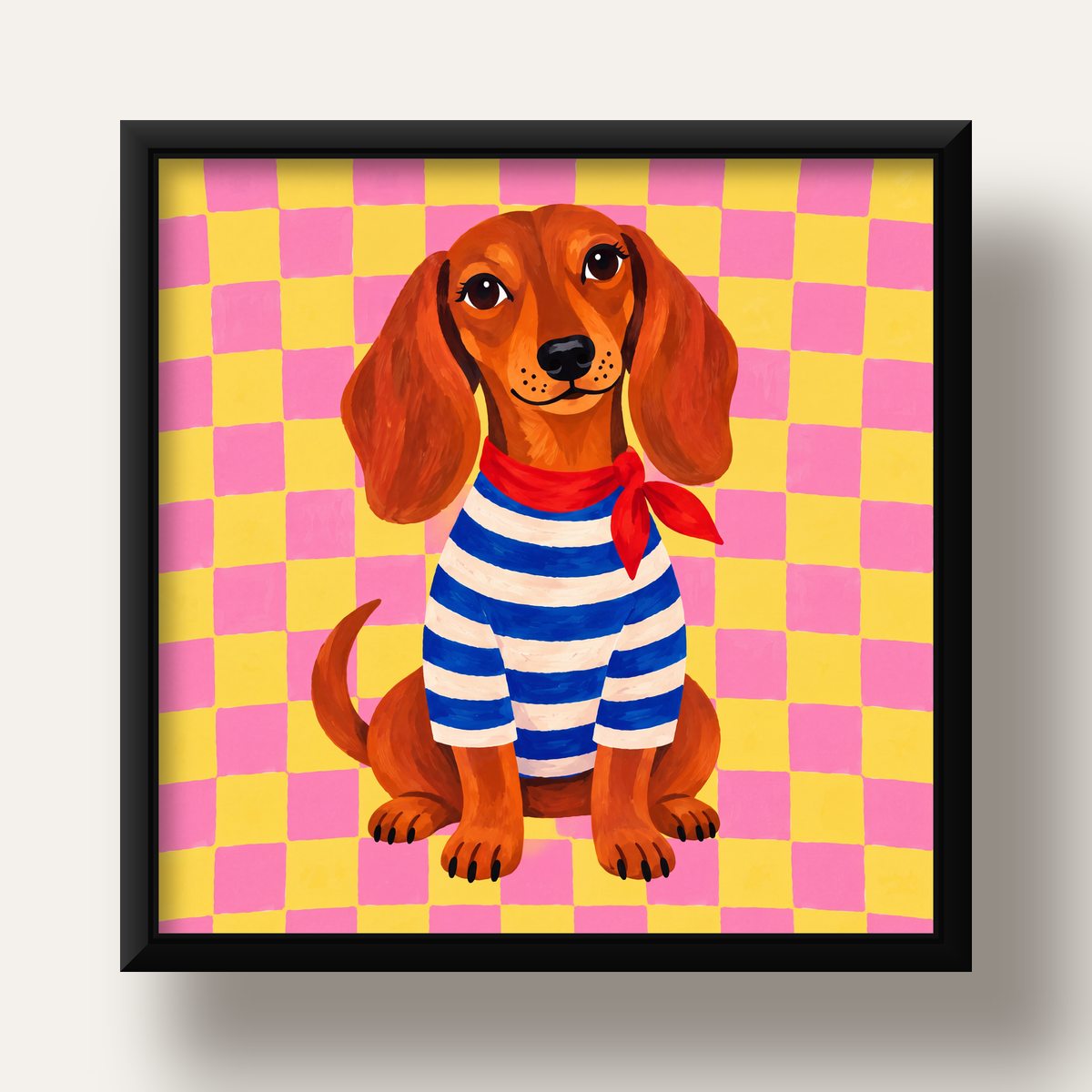 Çizgili Kazaklı Neşeli Köpek Poster – Renkli Sanat Baskısı — siyah derin çerçeveli