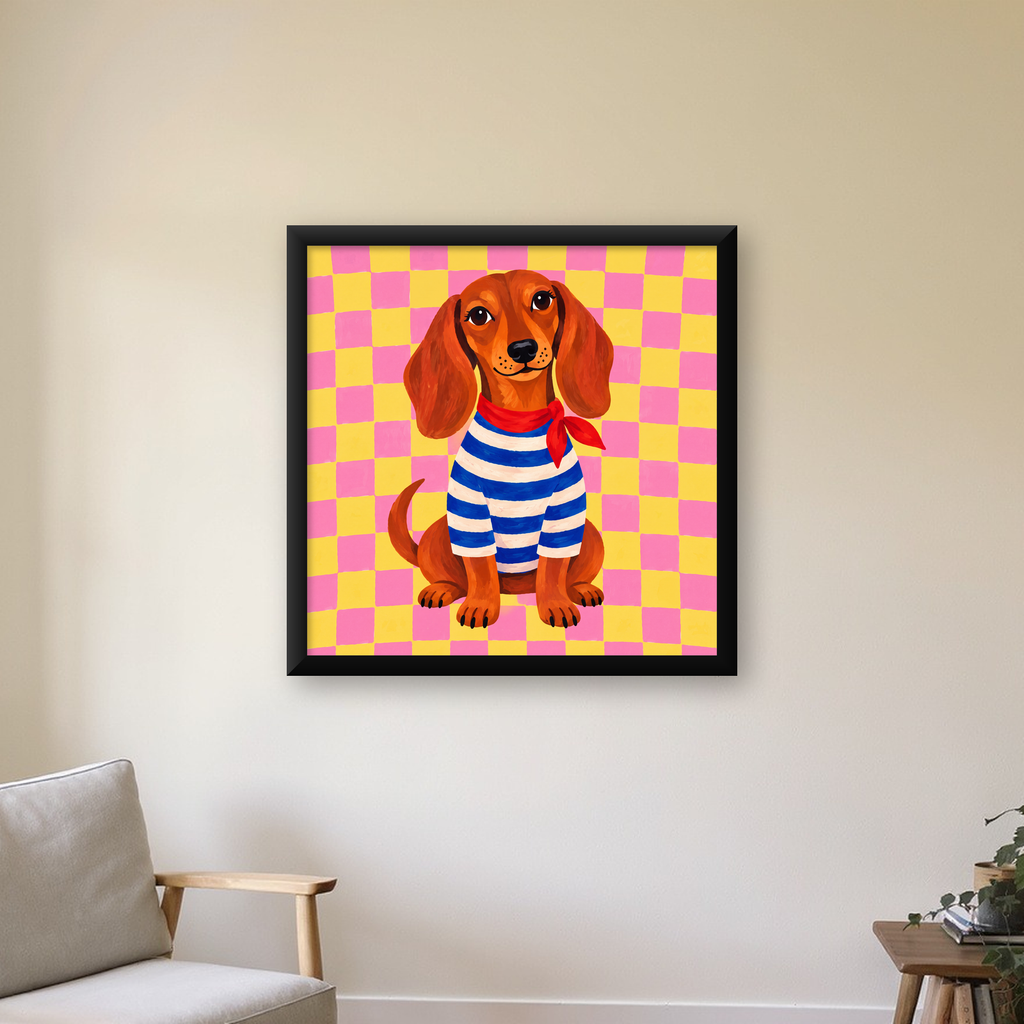 Çizgili Kazaklı Neşeli Köpek Poster – Renkli Sanat Baskısı — Kare baskı, çerçeveli hâliyle bir ev duvarında