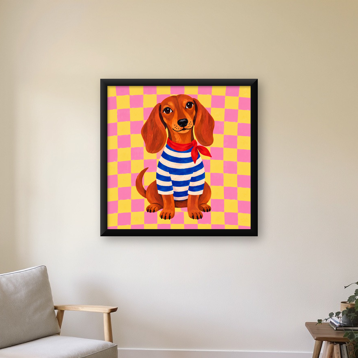 Çizgili Kazaklı Neşeli Köpek Poster – Renkli Sanat Baskısı — Kare baskı, çerçeveli hâliyle bir ev duvarında