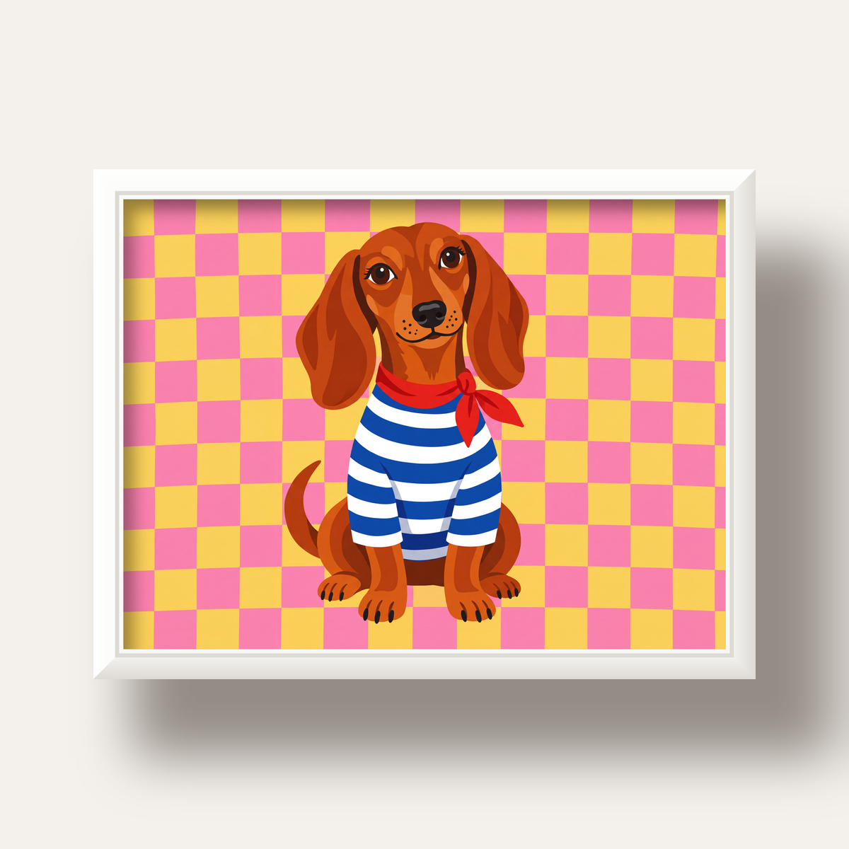 Çizgili Kazaklı Neşeli Köpek Poster – Renkli Sanat Baskısı — beyaz derin çerçeveli