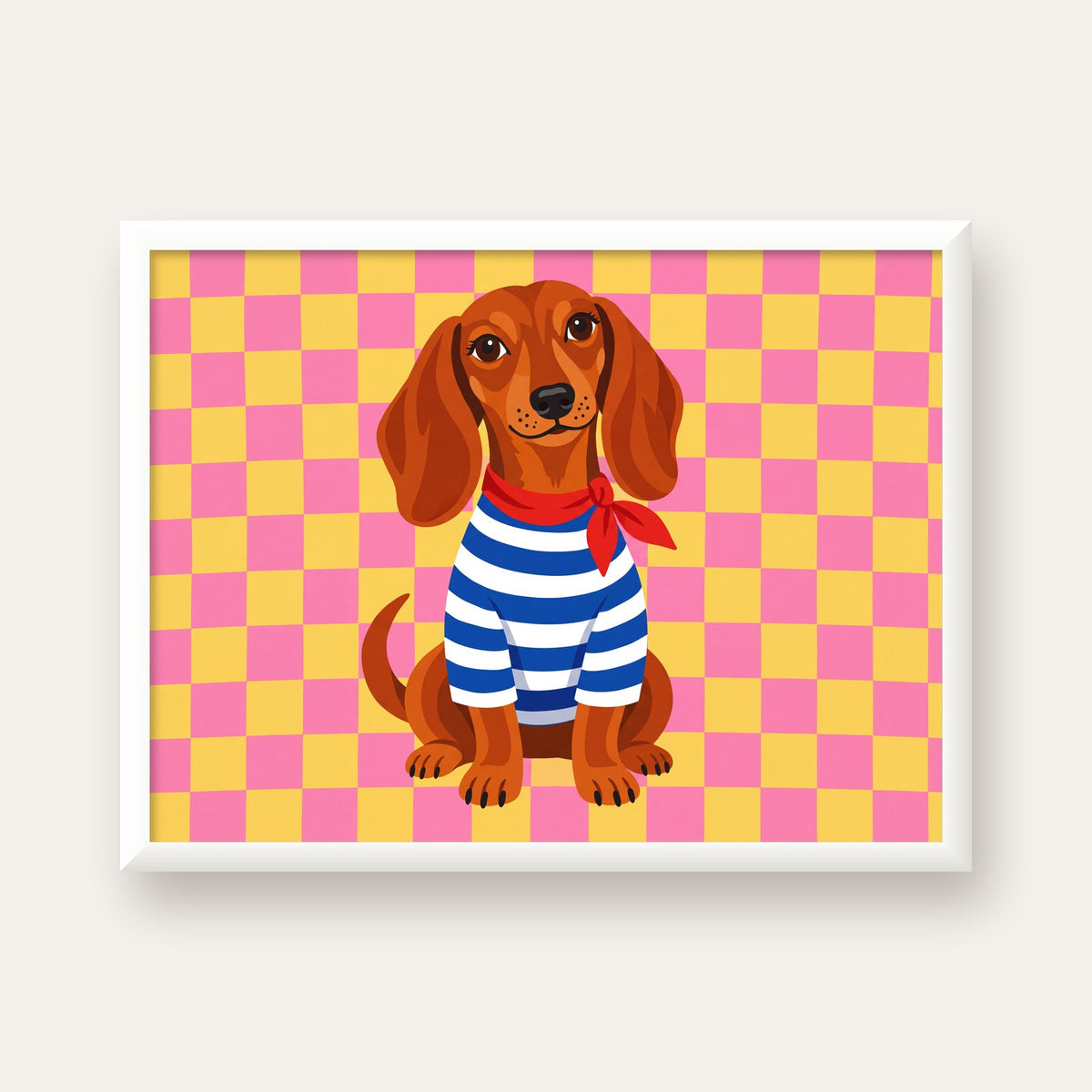 Çizgili Kazaklı Neşeli Köpek Poster – Renkli Sanat Baskısı — beyaz çerçeveli yatay poster