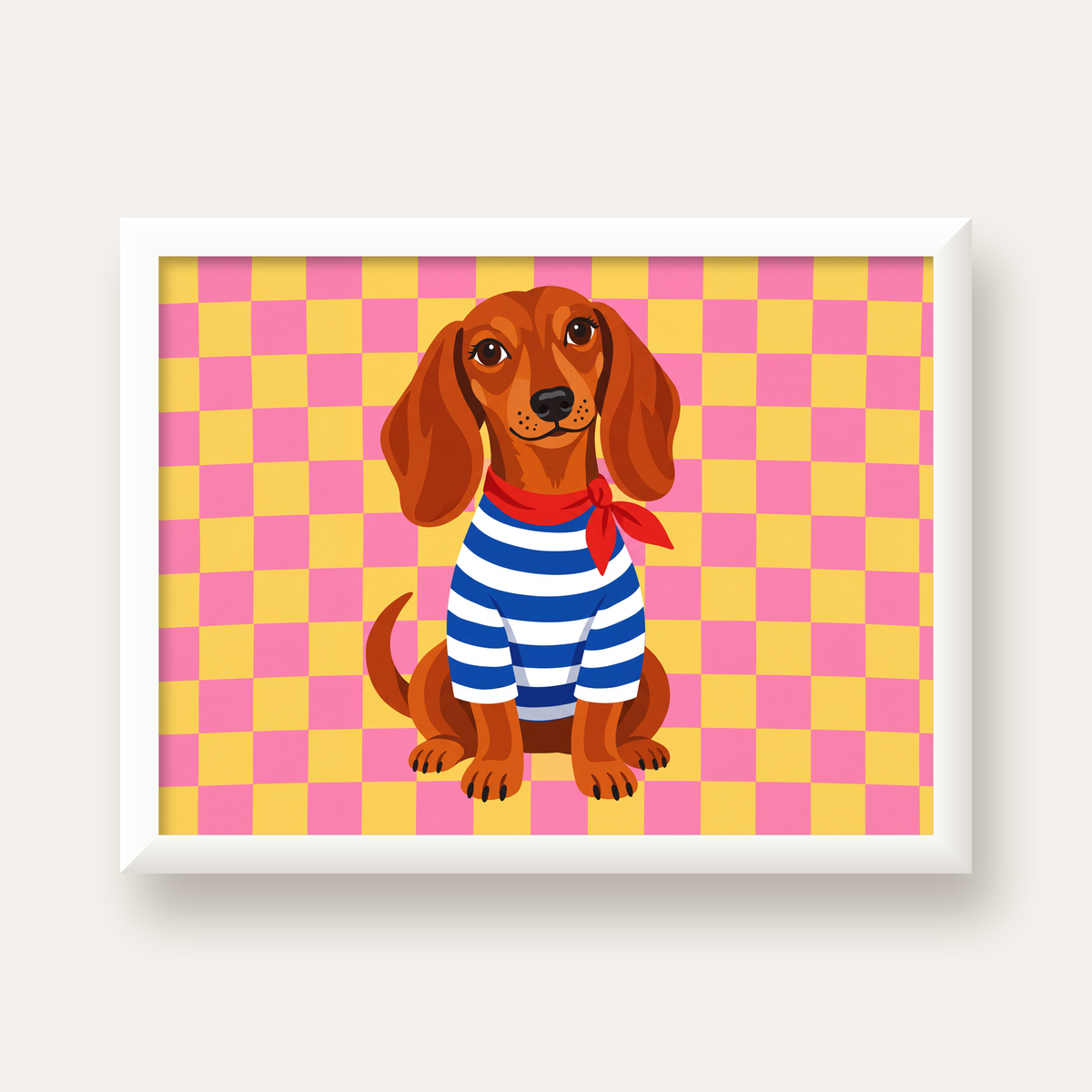 Çizgili Kazaklı Neşeli Köpek Poster – Renkli Sanat Baskısı — beyaz çerçeveli yatay poster