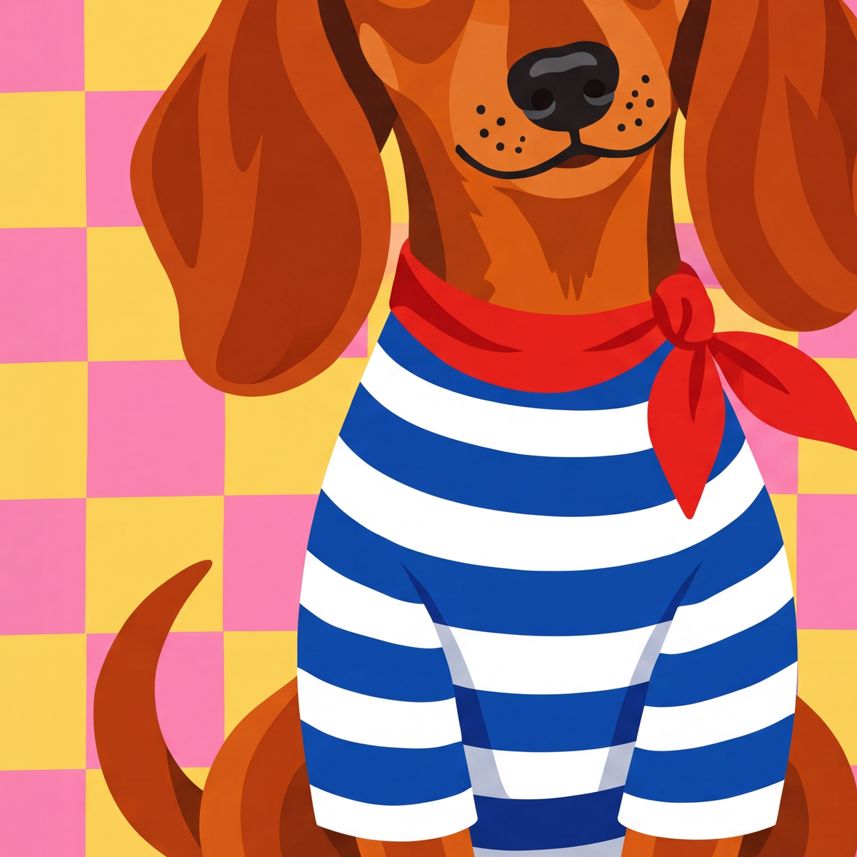 Çizgili Kazaklı Neşeli Köpek Poster – Renkli Sanat Baskısı — baskının yakın çekimi, kâğıt dokusu ve renk detayı
