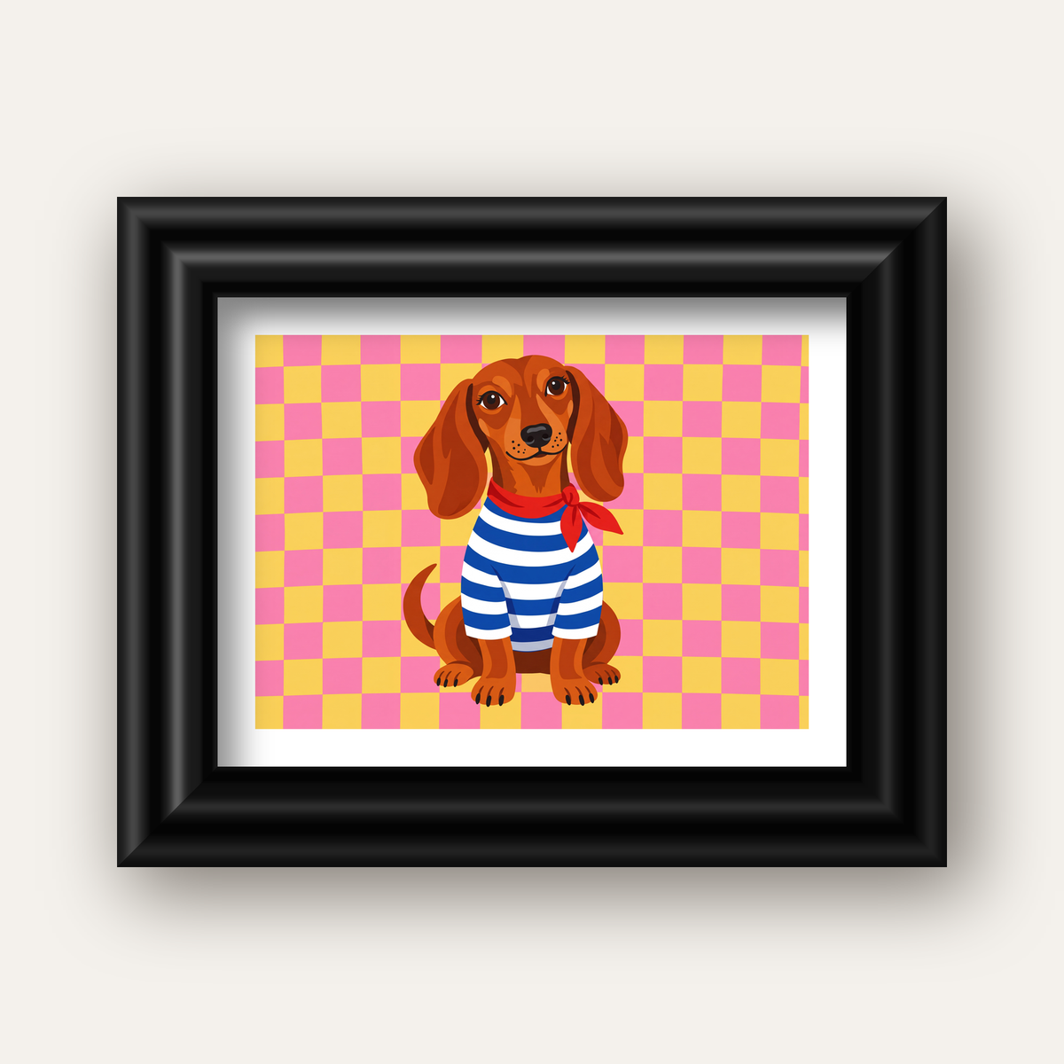Çizgili Kazaklı Neşeli Köpek Poster – Renkli Sanat Baskısı — siyah galeri çerçeveli paspartulu