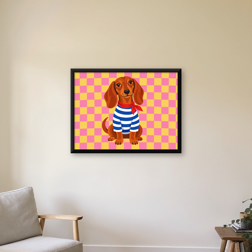 Çizgili Kazaklı Neşeli Köpek Poster – Renkli Sanat Baskısı — Yatay baskı, çerçeveli hâliyle bir ev duvarında