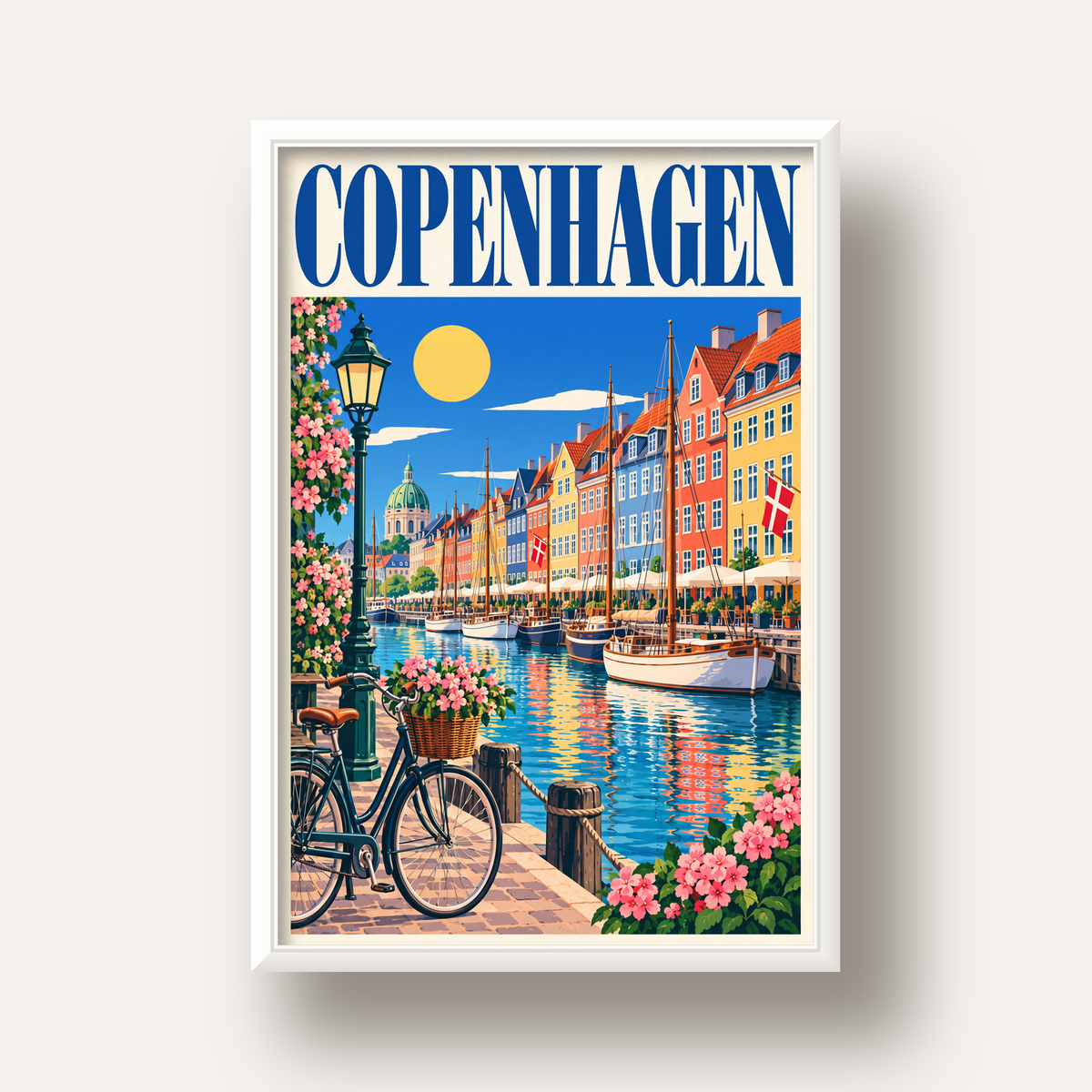 Renkli Kopenhag Kanalı Manzaralı Modern Poster — beyaz derin çerçeveli