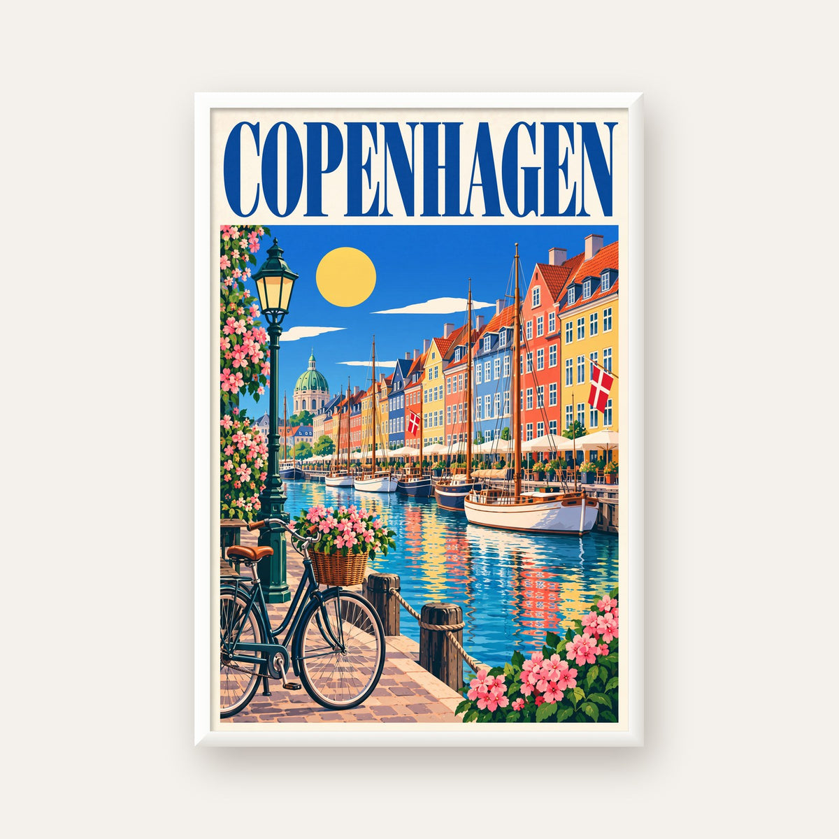 Renkli Kopenhag Kanalı Manzaralı Modern Poster — beyaz çerçeveli dikey poster