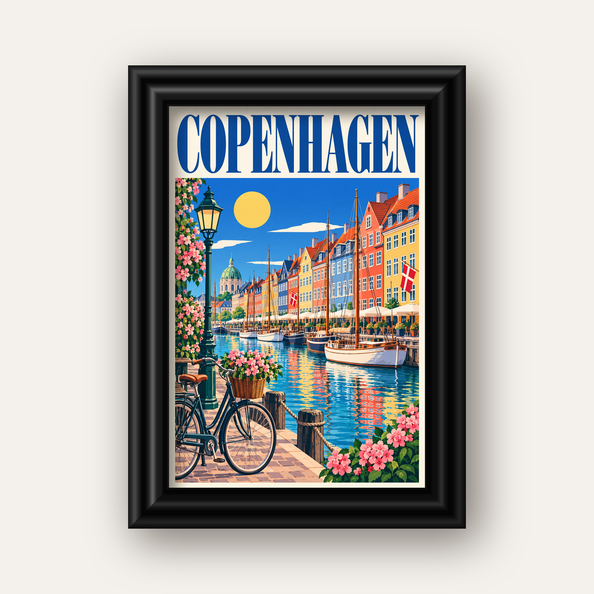 Renkli Kopenhag Kanalı Manzaralı Modern Poster — siyah galeri çerçeveli
