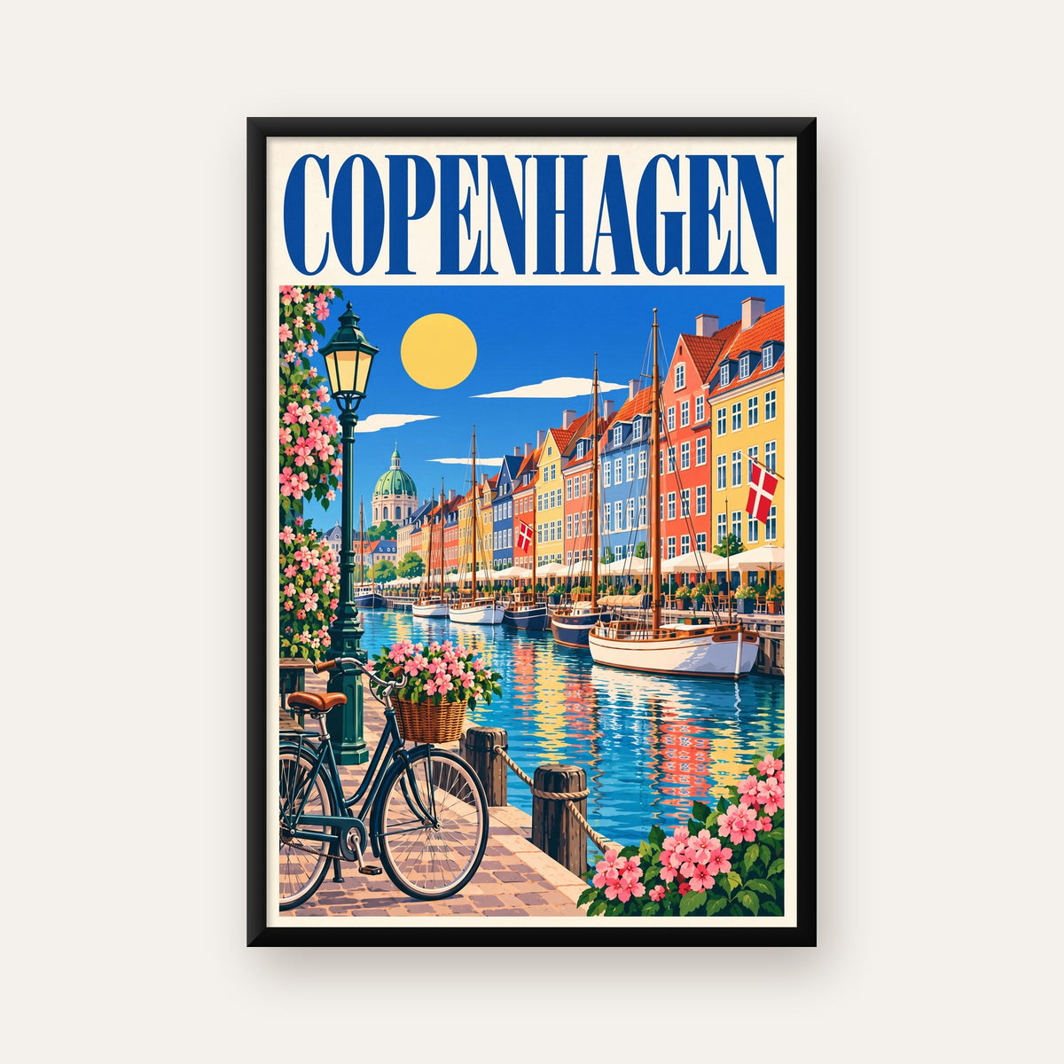 Renkli Kopenhag Kanalı Manzaralı Modern Poster — ceviz çerçeveli
