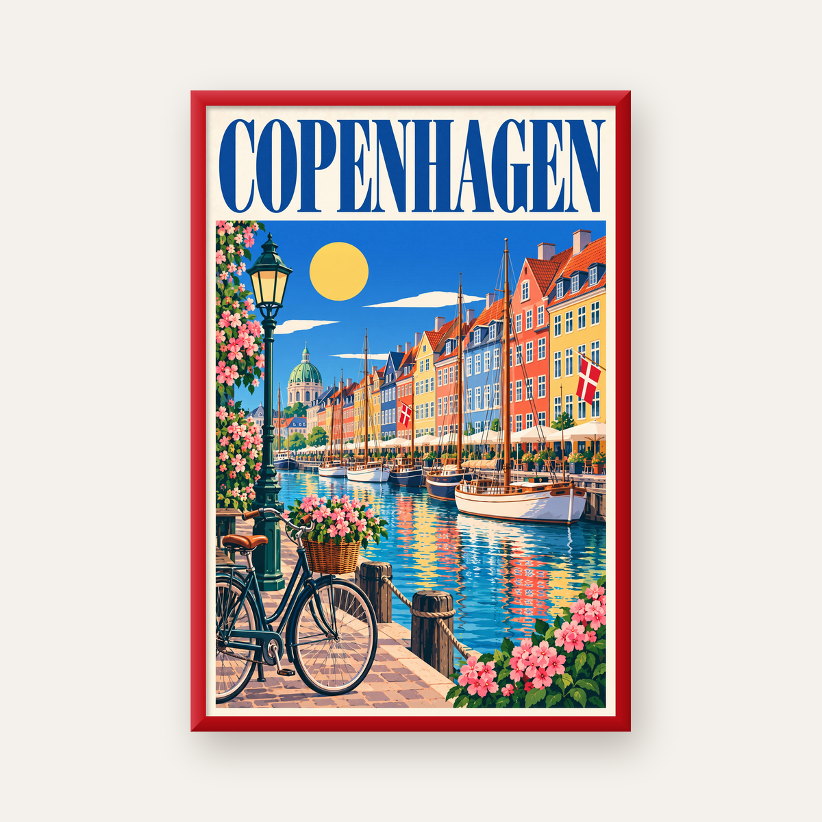 Renkli Kopenhag Kanalı Manzaralı Modern Poster — kırmızı çerçeveli