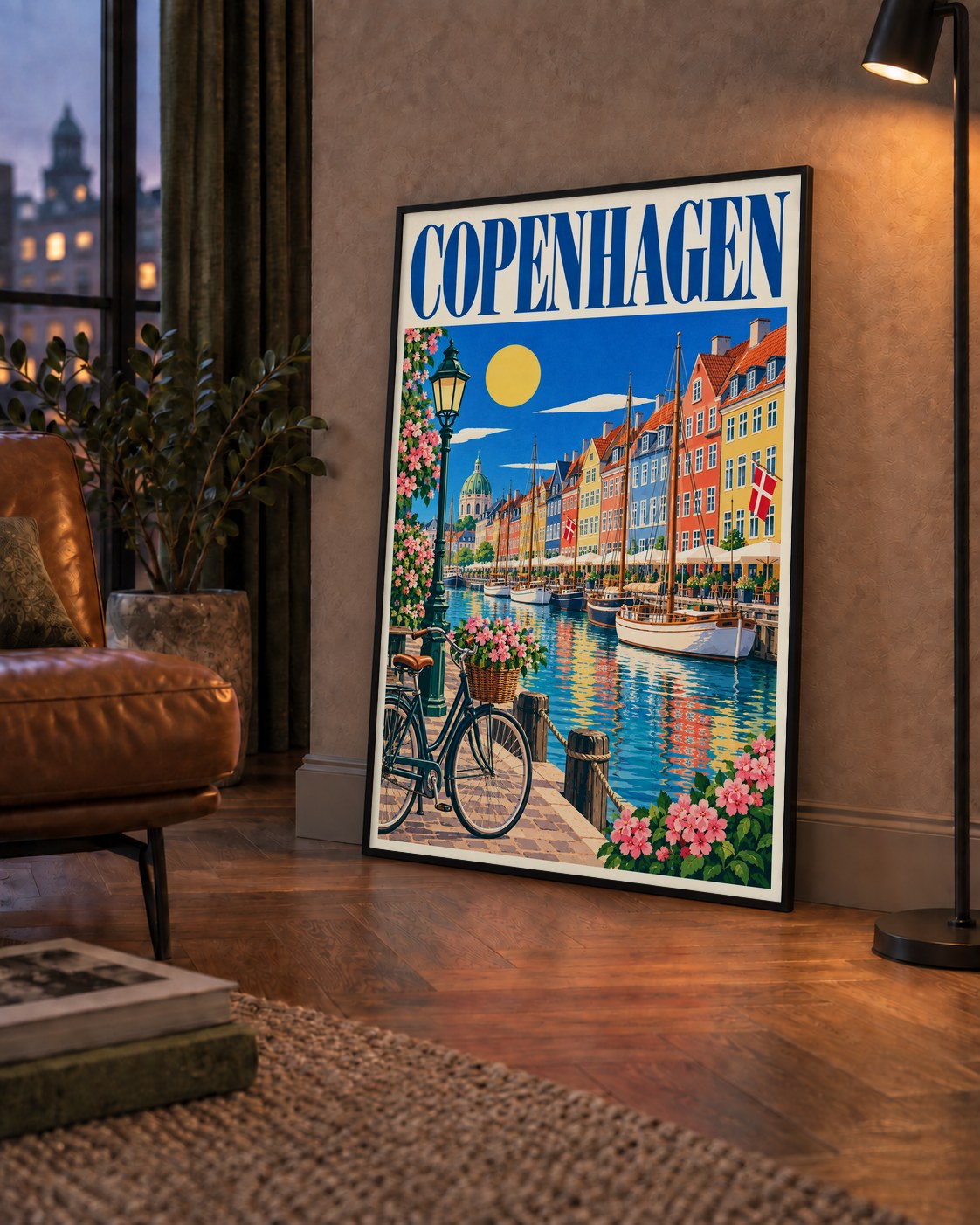 Renkli Kopenhag Kanalı Manzaralı Modern Poster — çerçeveli hâliyle bir ev duvarında