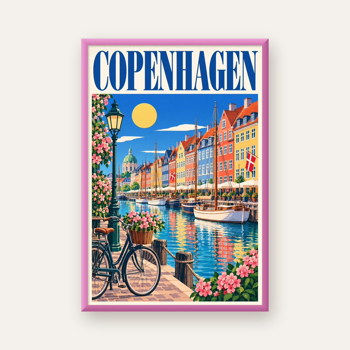 Renkli Kopenhag Kanalı Manzaralı Modern Poster — pembe çerçeveli