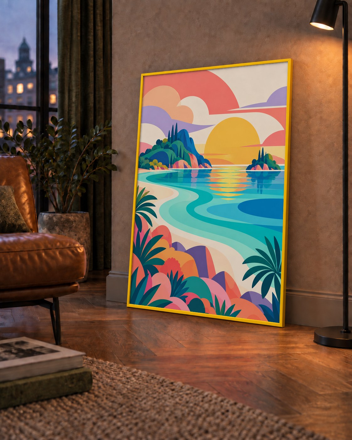 Renkli Lagün Gün Doğumu — çerçeveli hâliyle bir ev duvarında