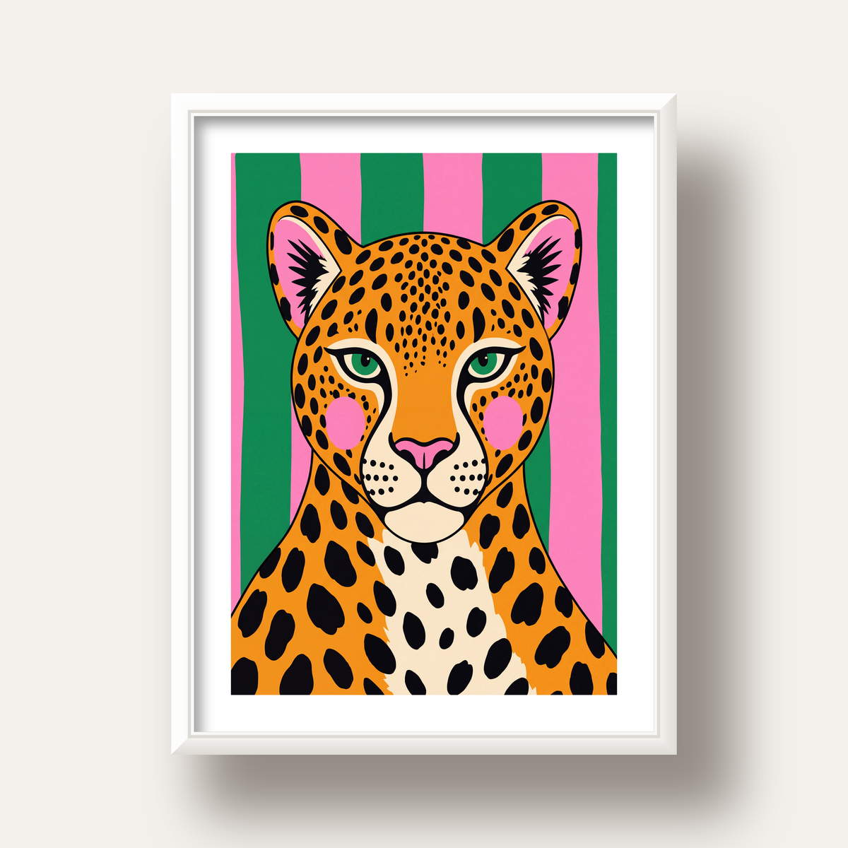 Pop Art Leopar Posteri – Canlı Renkli Modern Duvar Sanatı — beyaz derin çerçeveli paspartulu
