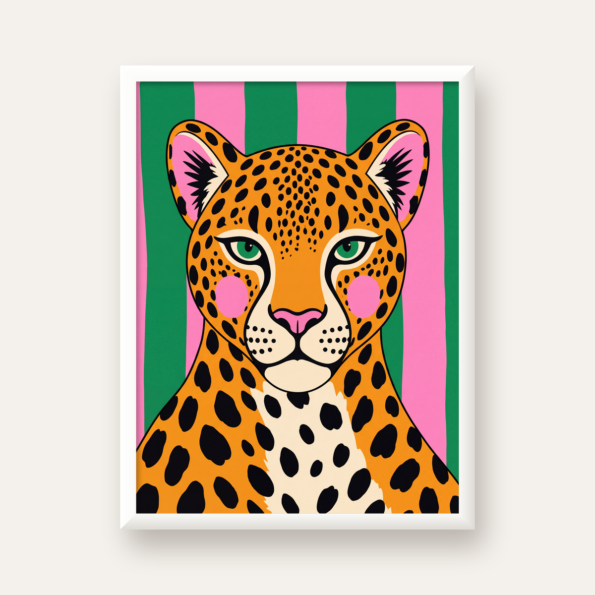 Pop Art Leopar Posteri – Canlı Renkli Modern Duvar Sanatı — beyaz çerçeveli dikey poster
