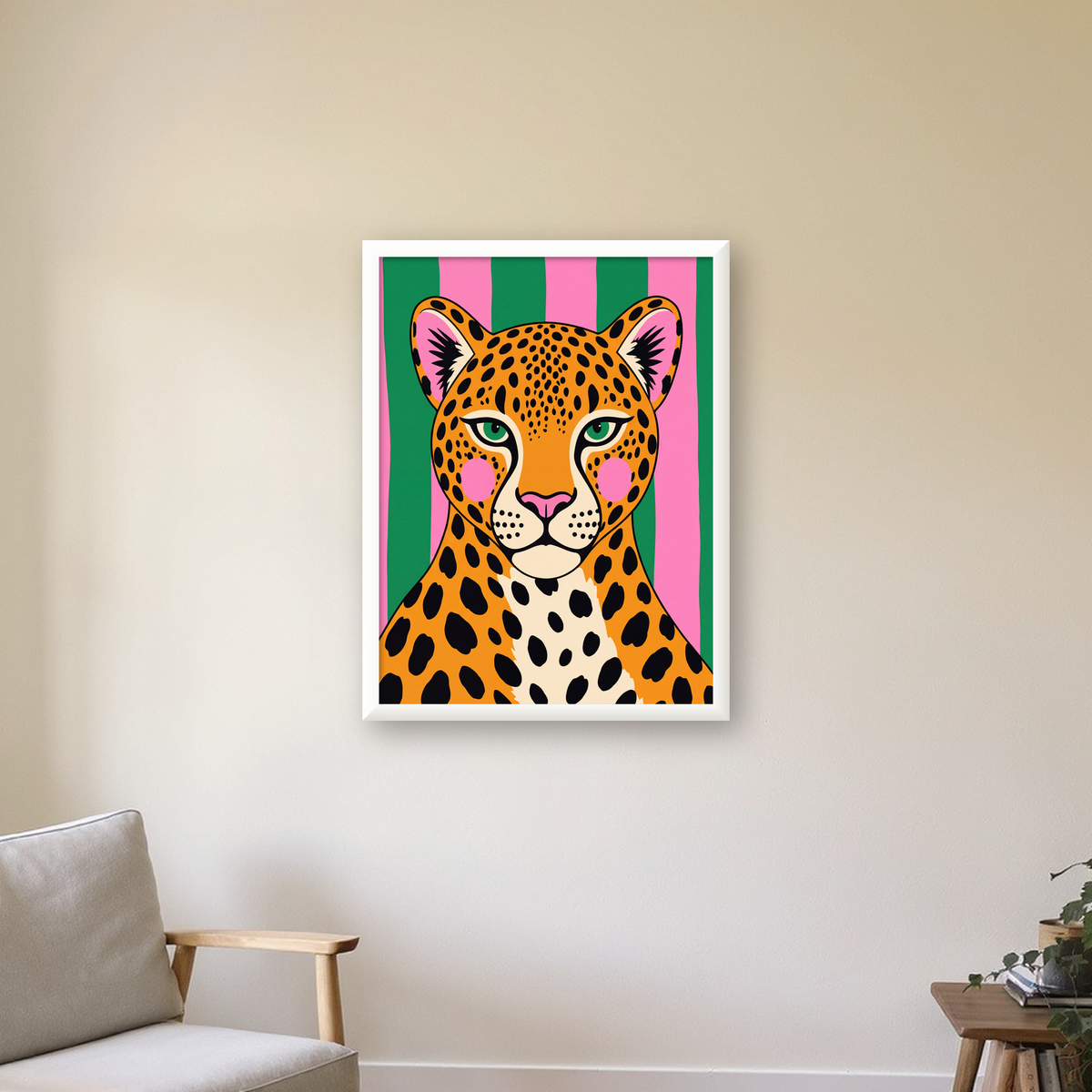 Pop Art Leopar Posteri – Canlı Renkli Modern Duvar Sanatı — beyaz çerçeveli dikey poster