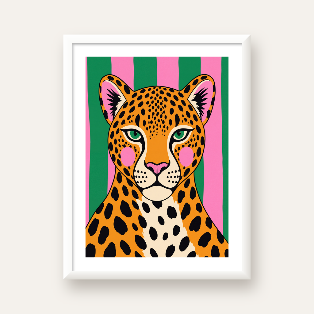 Pop Art Leopar Posteri – Canlı Renkli Modern Duvar Sanatı — beyaz çerçeveli dikey poster