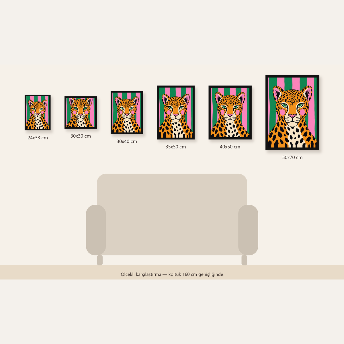Pop Art Leopar Posteri – Canlı Renkli Modern Duvar Sanatı — Dikey ölçülerinin karşılaştırması