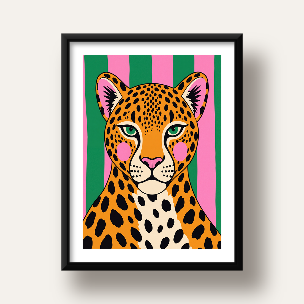 Pop Art Leopar Posteri – Canlı Renkli Modern Duvar Sanatı — siyah derin çerçeveli paspartulu