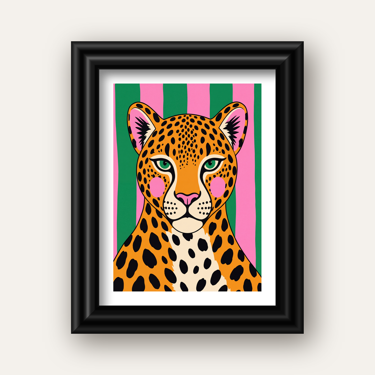 Pop Art Leopar Posteri – Canlı Renkli Modern Duvar Sanatı — siyah galeri çerçeveli paspartulu